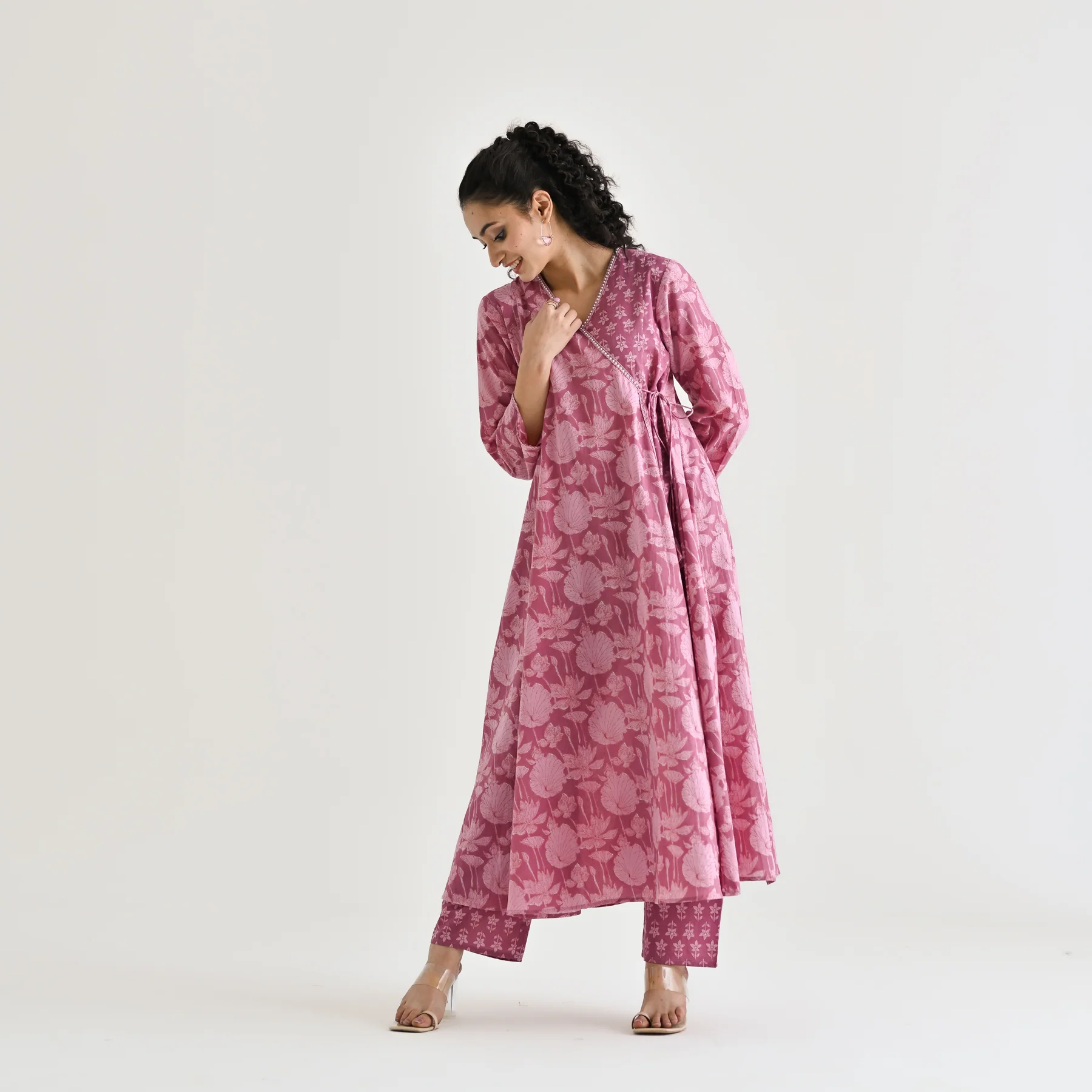 Dusty Pink Floral Angarakha Cotton Kurta with Embroidered Neckline - Image 5