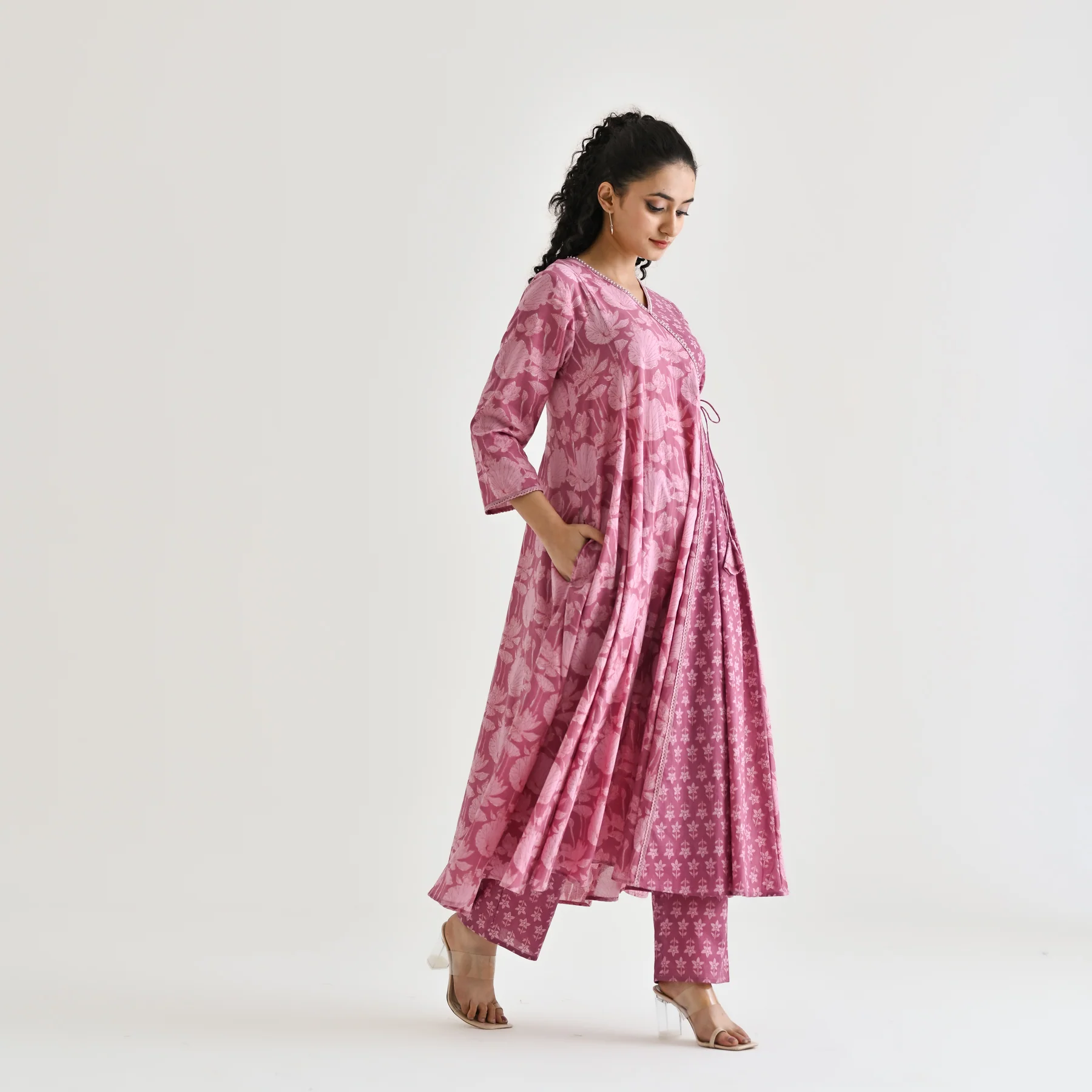 Dusty Pink Floral Angarakha Cotton Kurta with Embroidered Neckline - Image 6