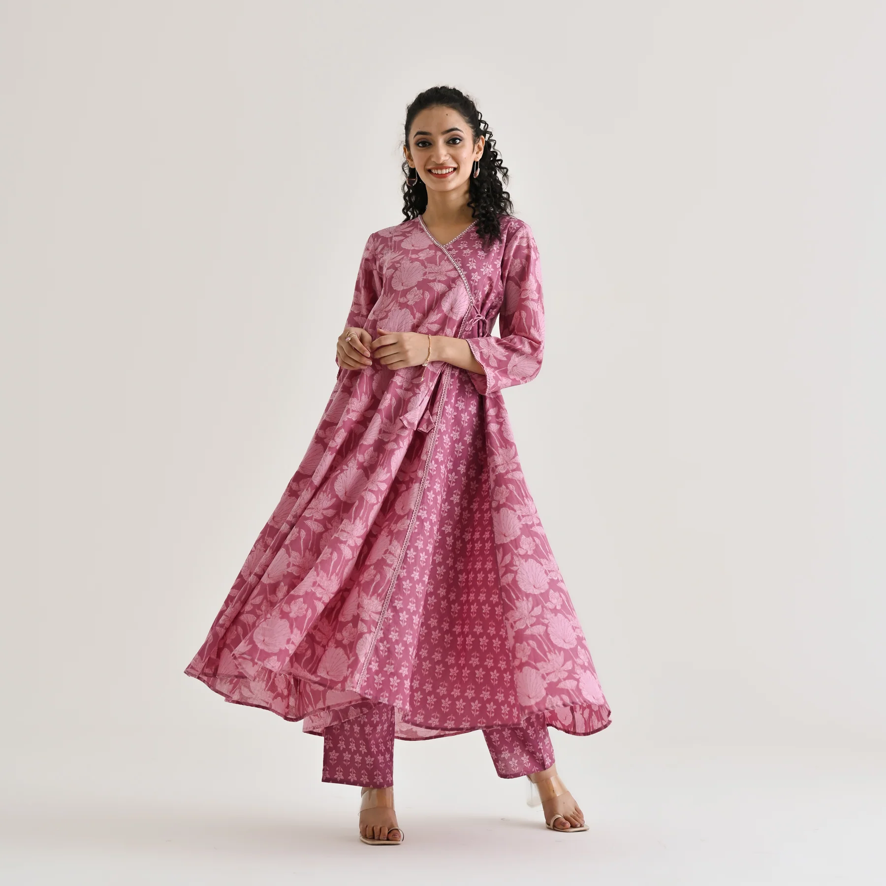 Dusty Pink Floral Angarakha Cotton Kurta with Embroidered Neckline - Image 7