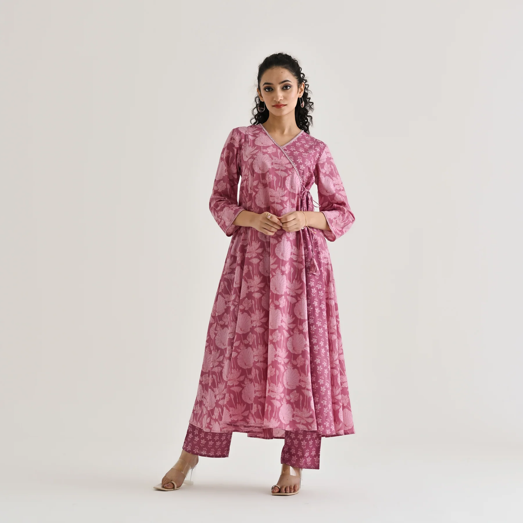 Dusty Pink Floral Angarakha Cotton Kurta with Embroidered Neckline - Image 8