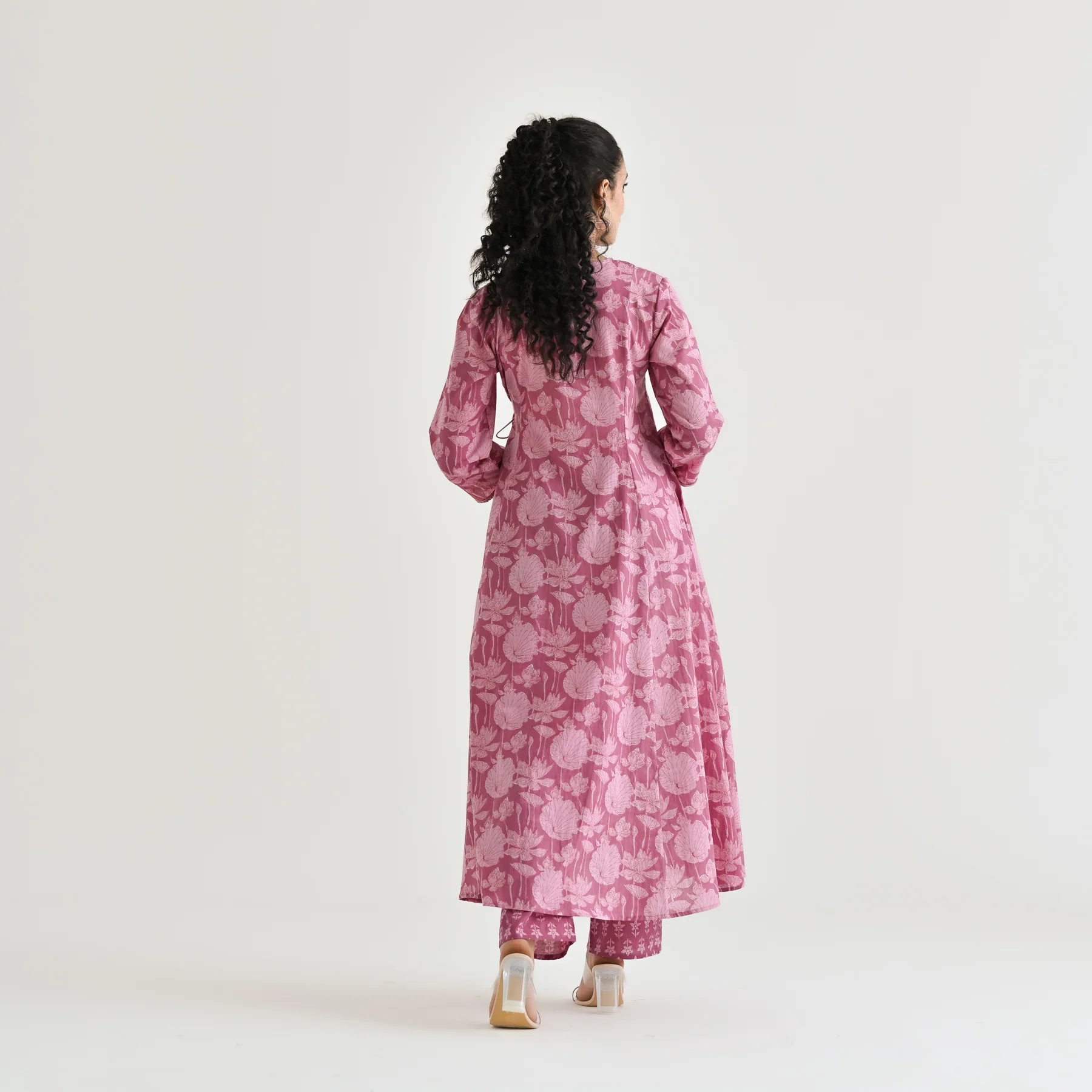 Dusty Pink Floral Angarakha Cotton Kurta with Embroidered Neckline - Image 9