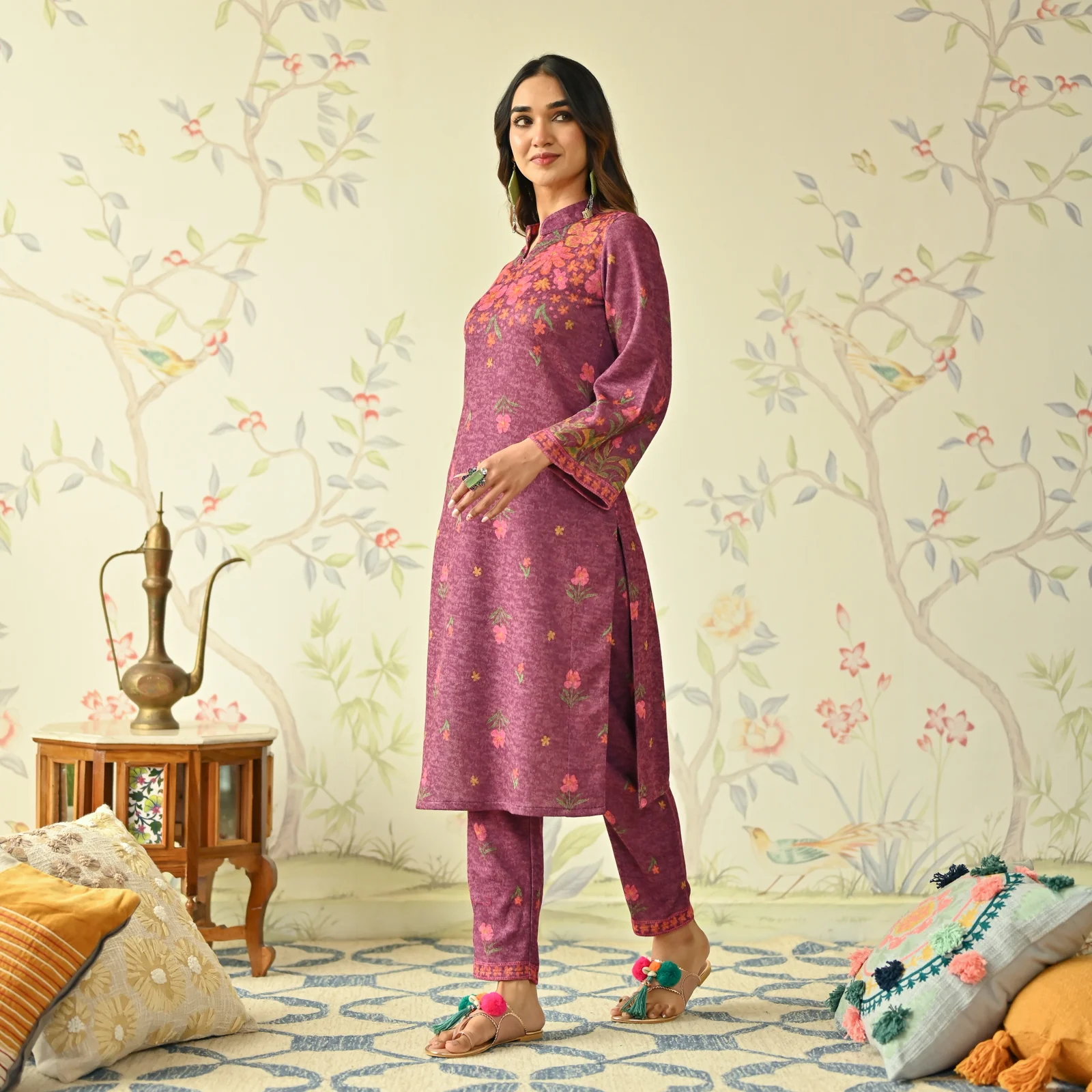 Dusty Pink Floral Woollen Kurta with Bell Sleeves - Image 3