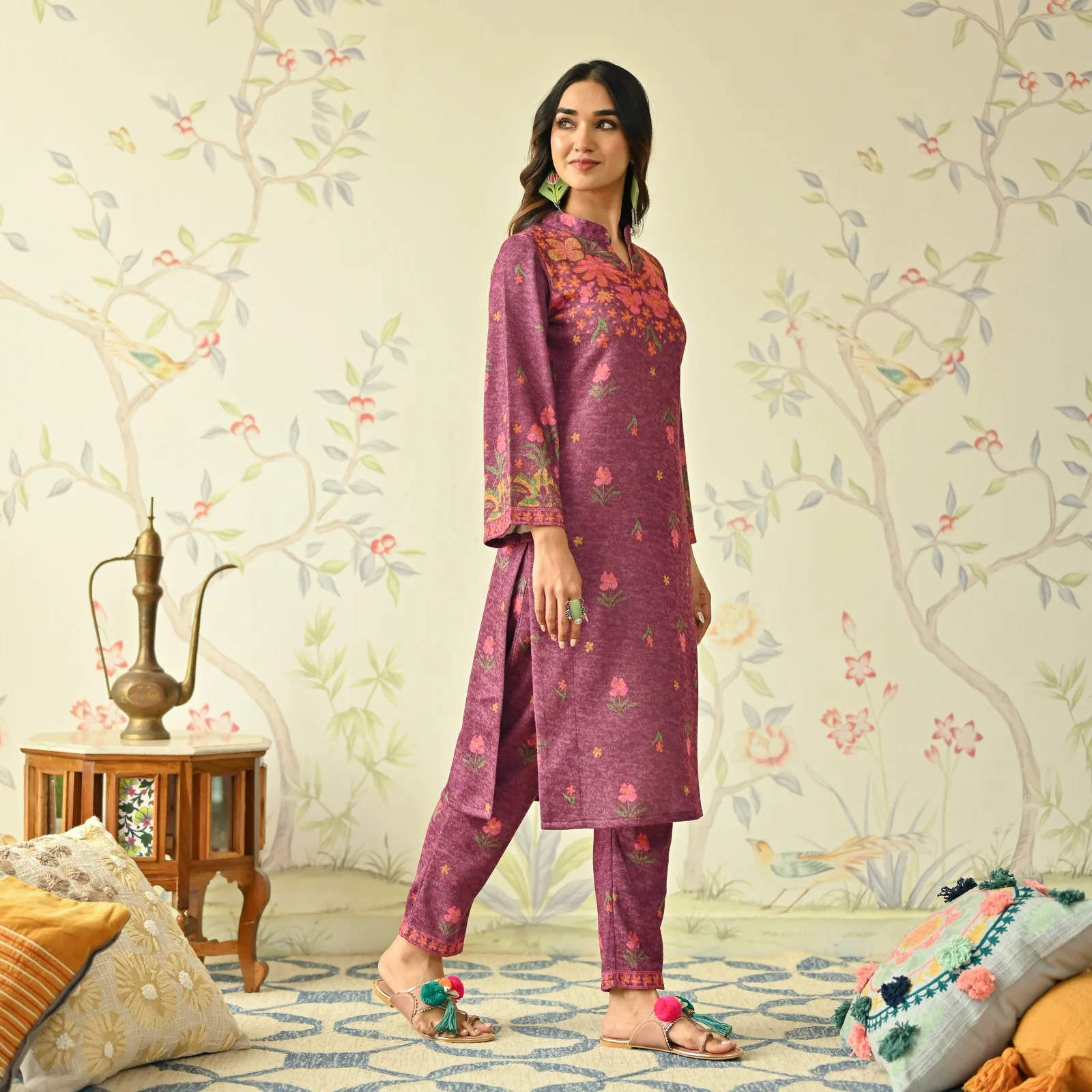 Dusty Pink Floral Woollen Kurta with Bell Sleeves - Image 4