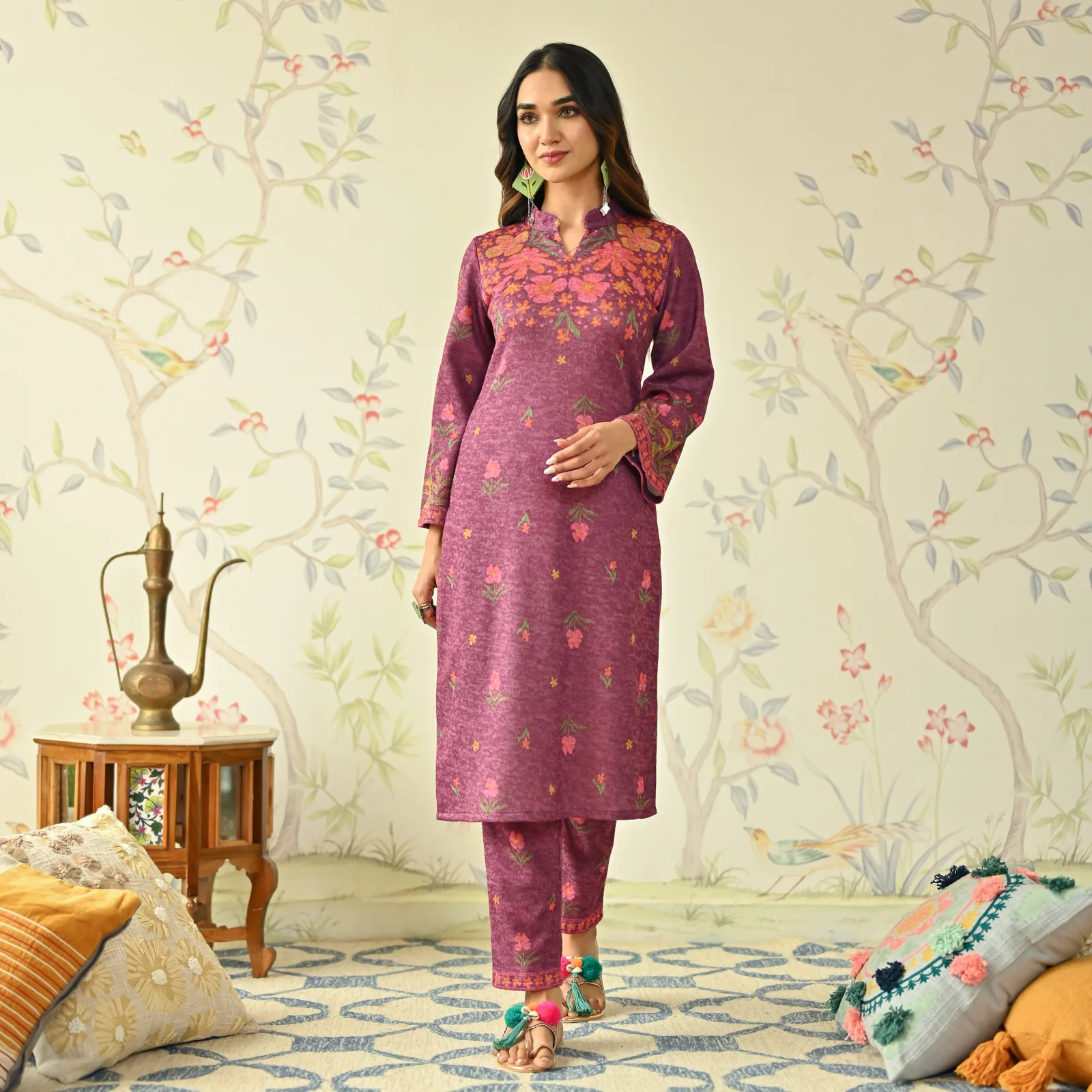 Dusty Pink Floral Woollen Kurta with Bell Sleeves - Image 5