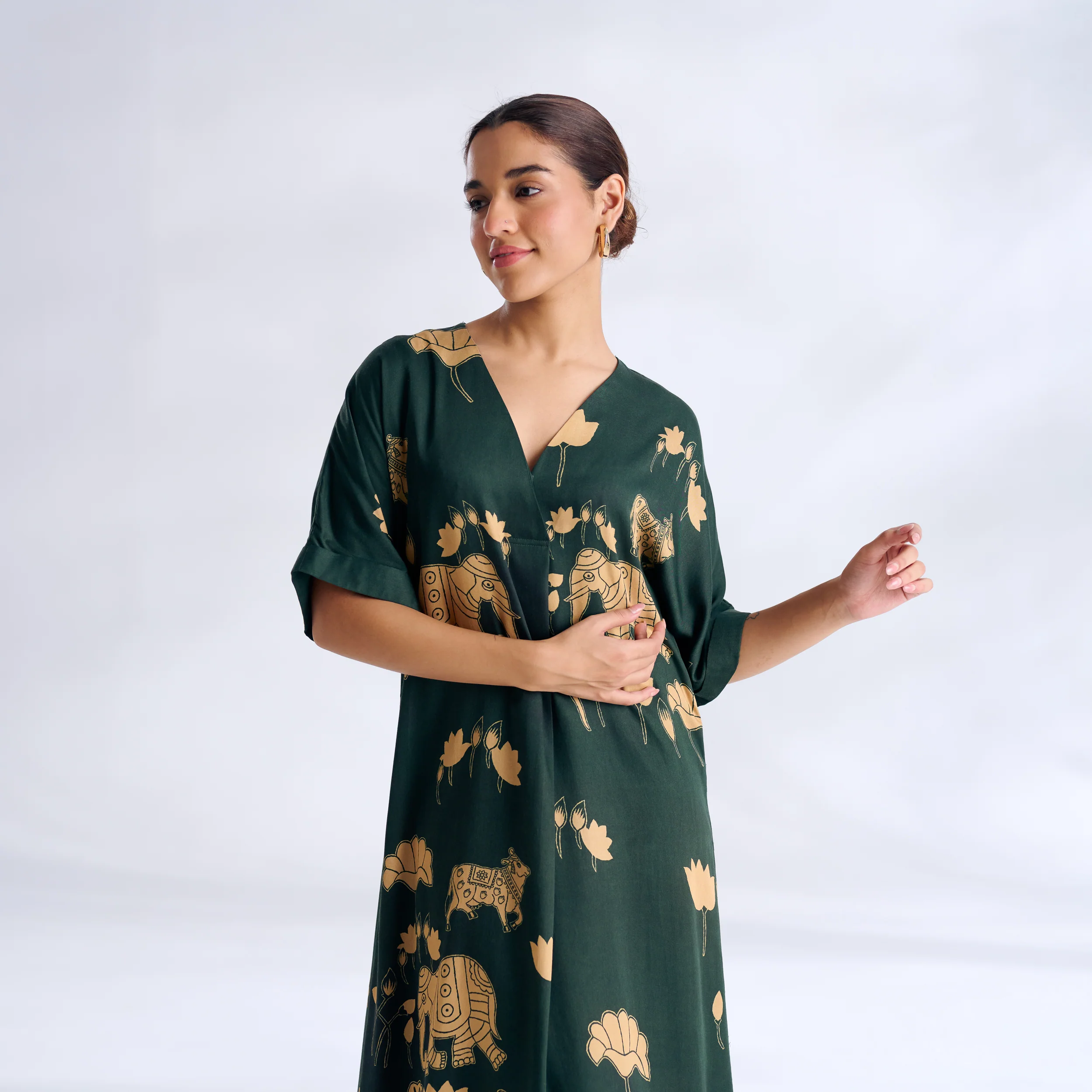 Ele Fun Modal Satin Dress - Forest Green - Image 3