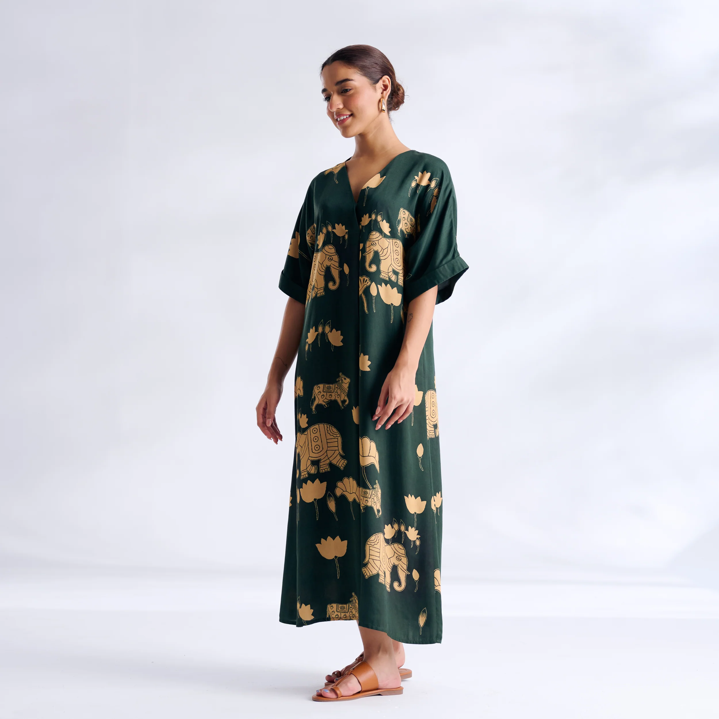 Ele Fun Modal Satin Dress - Forest Green - Image 4