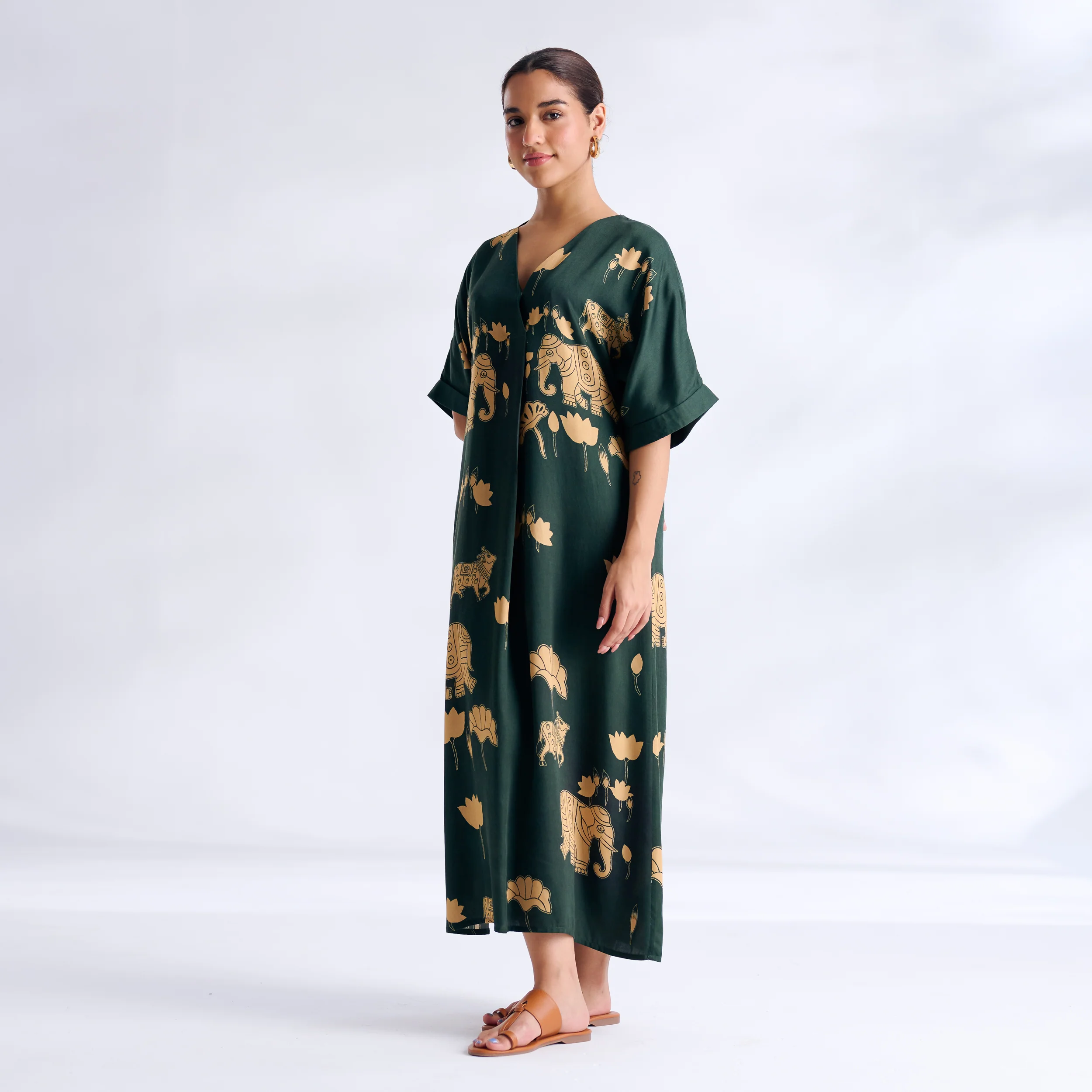 Ele Fun Modal Satin Dress - Forest Green - Image 5