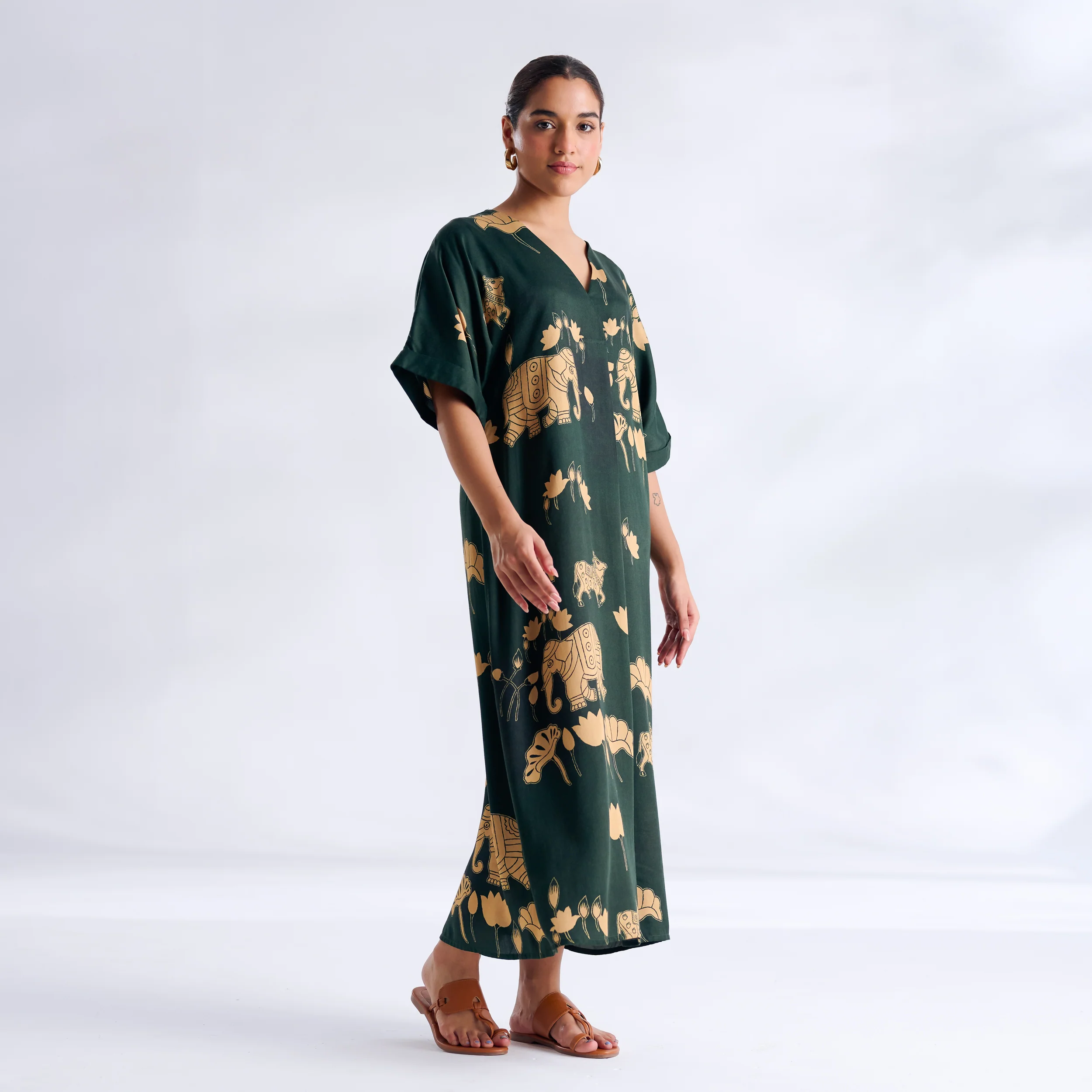 Ele Fun Modal Satin Dress - Forest Green - Image 6