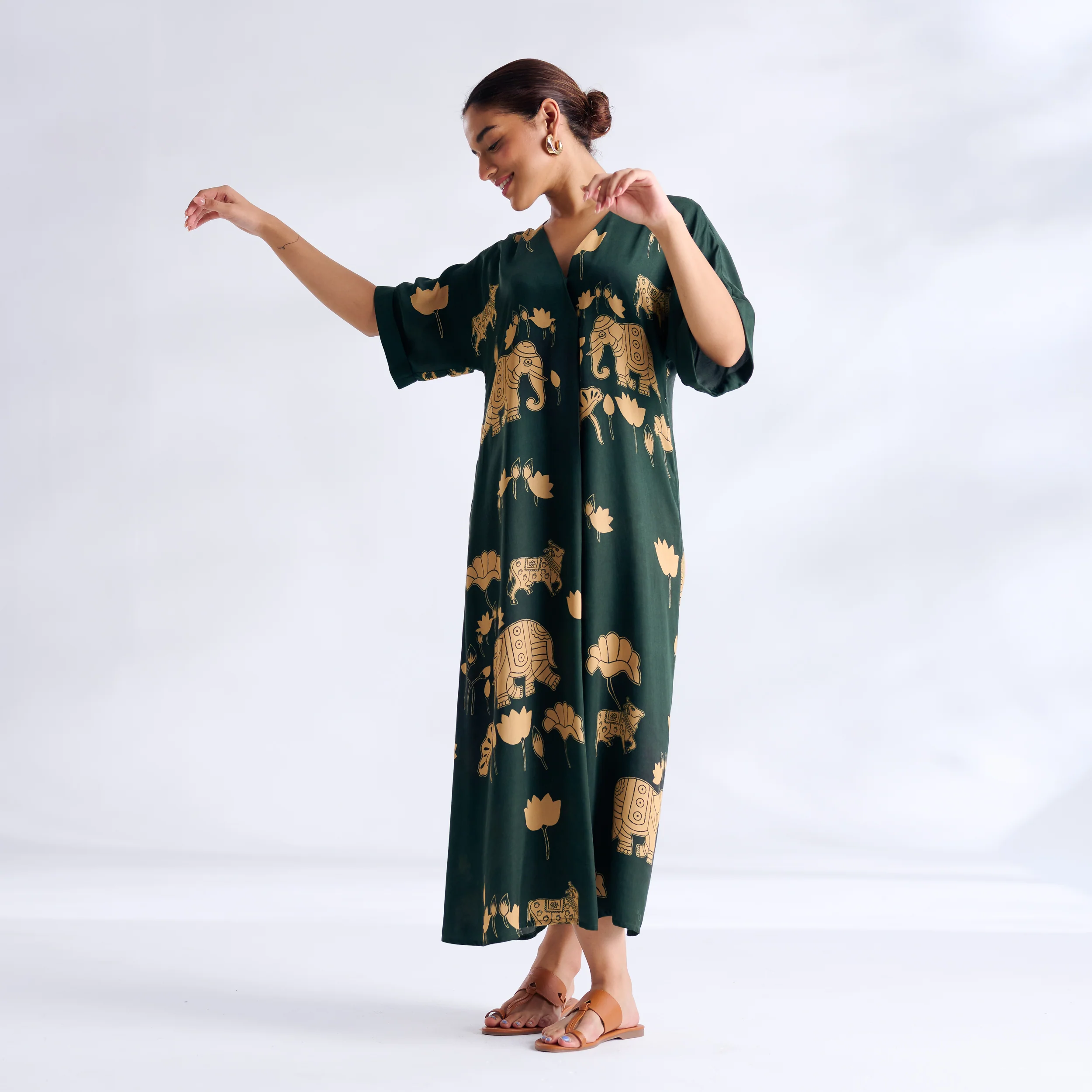 Ele Fun Modal Satin Dress - Forest Green - Image 7