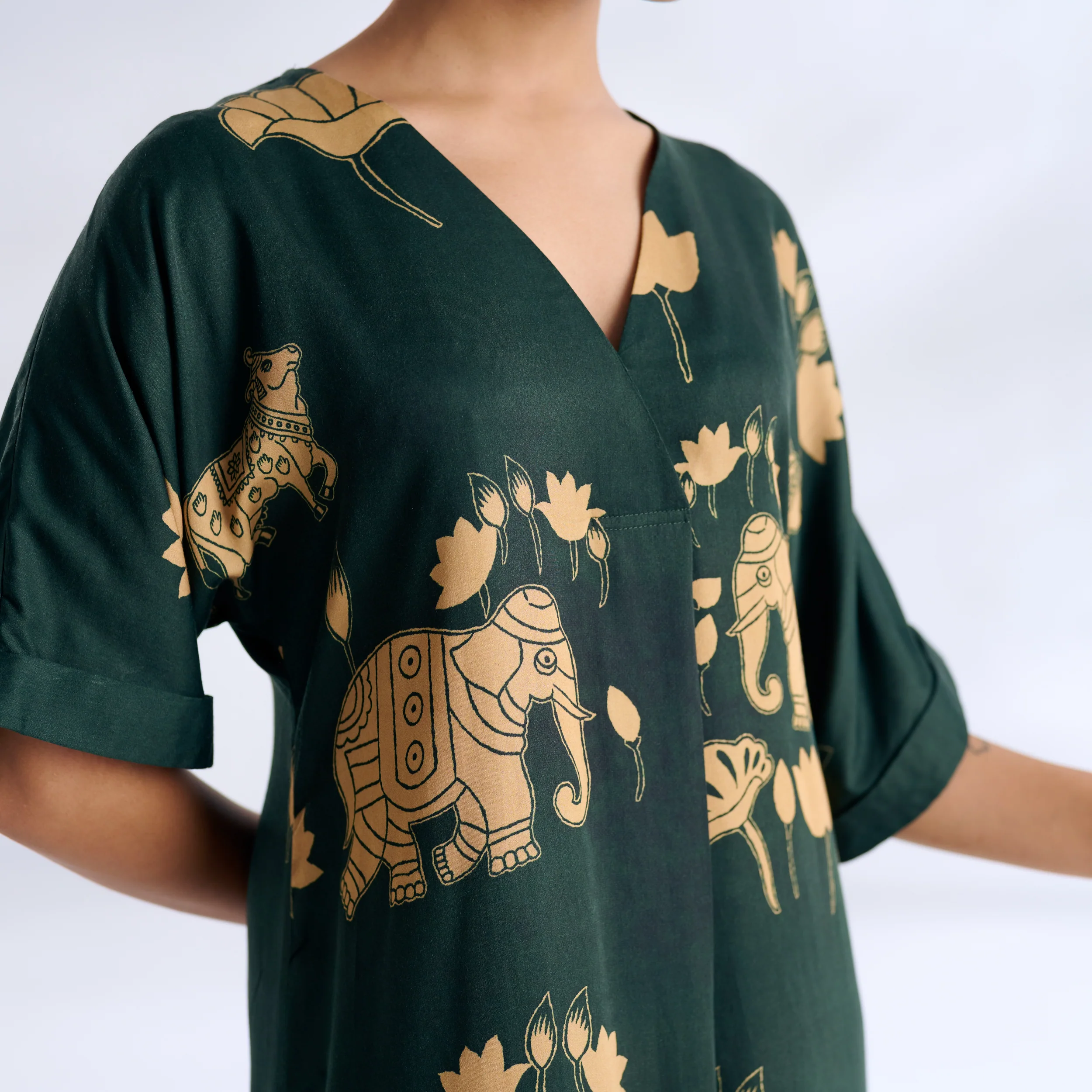 Ele Fun Modal Satin Dress - Forest Green - Image 8