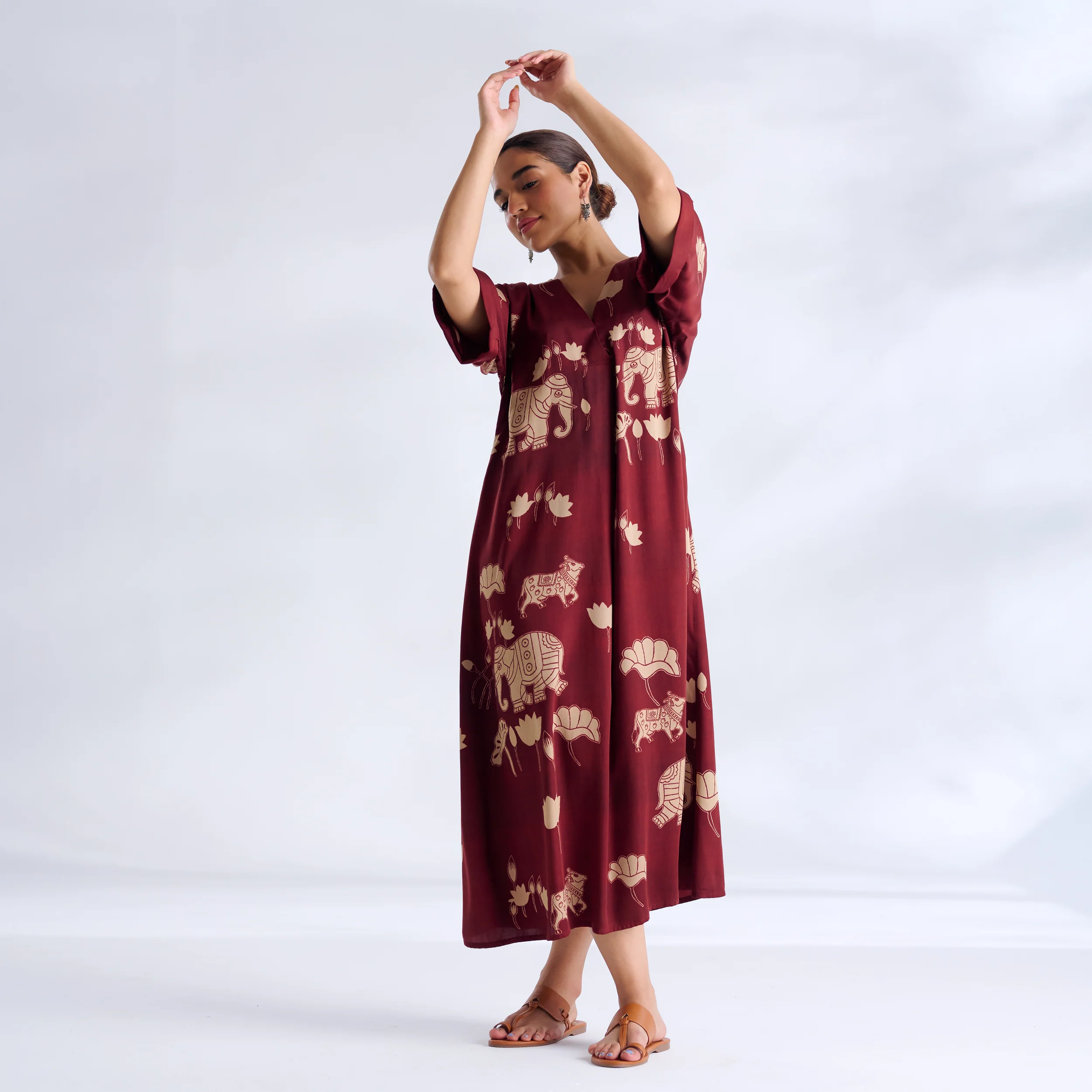 Ele Fun Modal Satin Dress - Maroon - Image 3