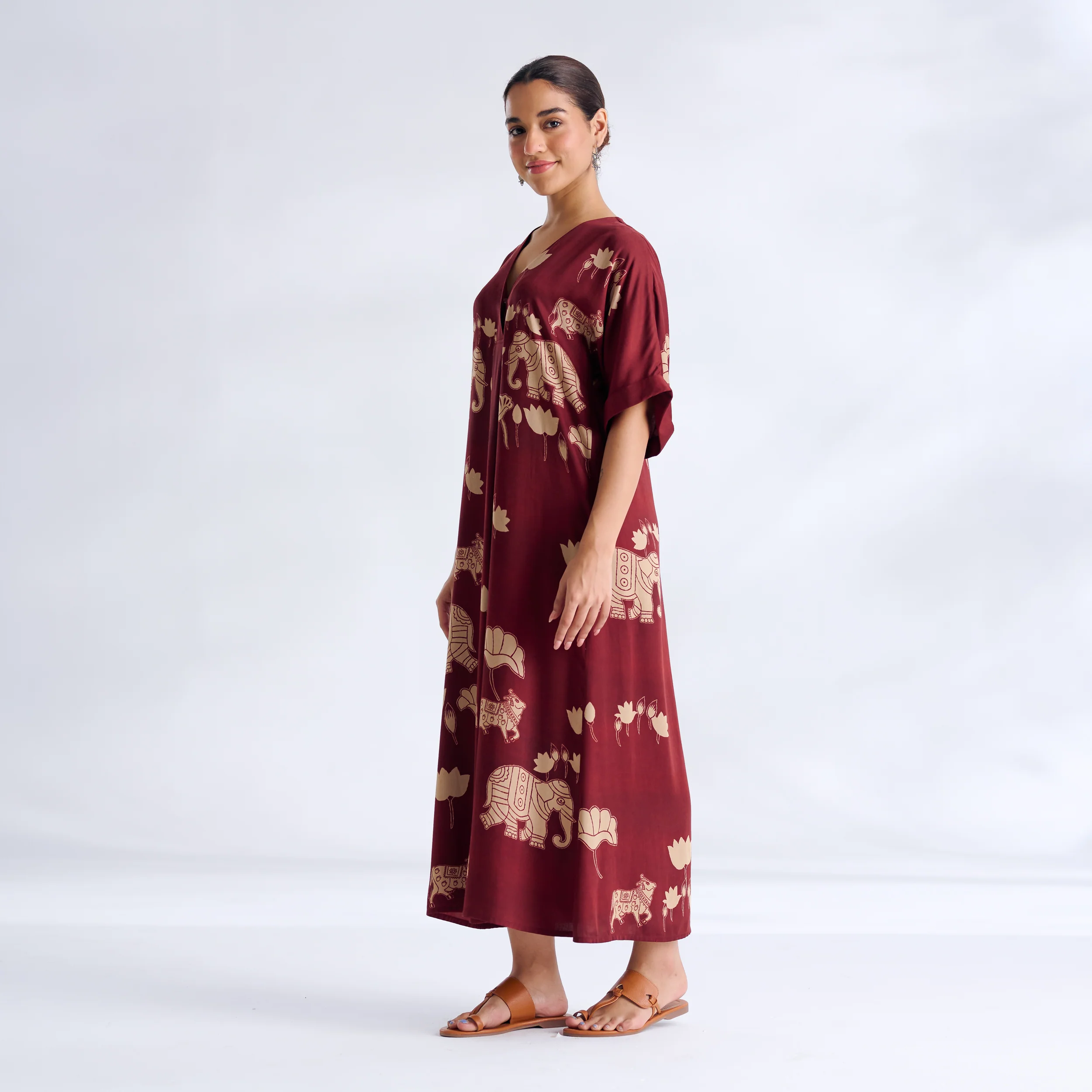 Ele Fun Modal Satin Dress - Maroon - Image 4