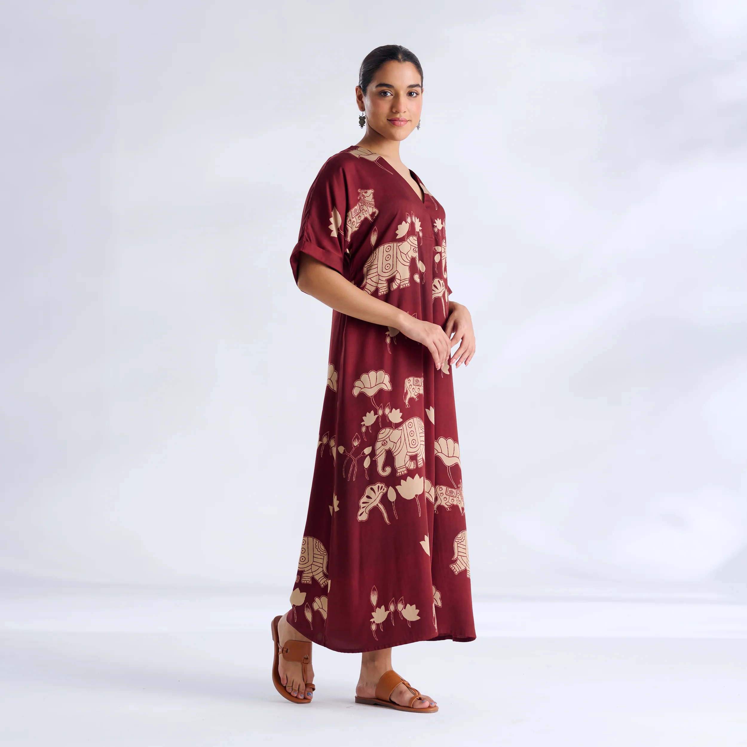 Ele Fun Modal Satin Dress - Maroon - Image 5
