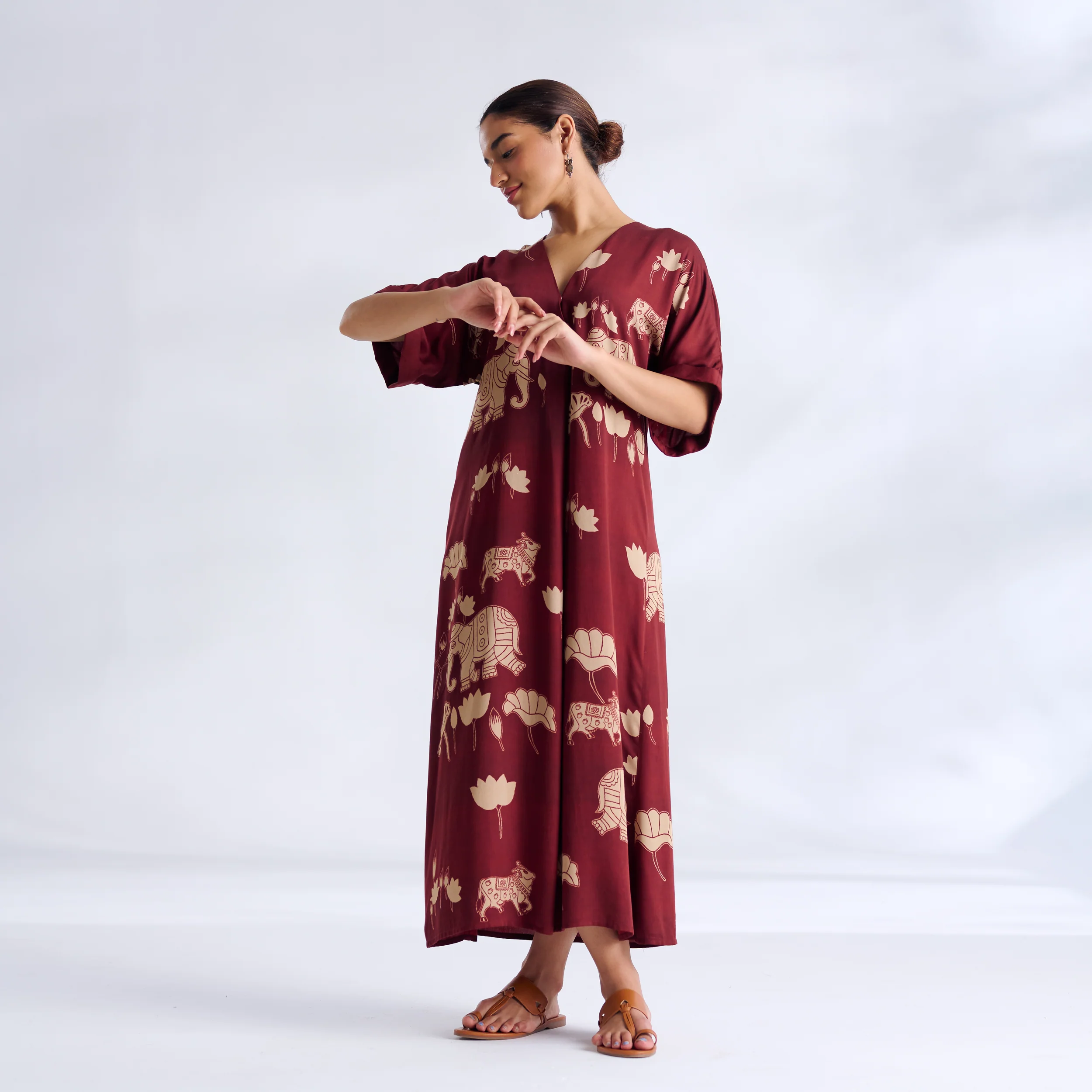 Ele Fun Modal Satin Dress - Maroon - Image 7