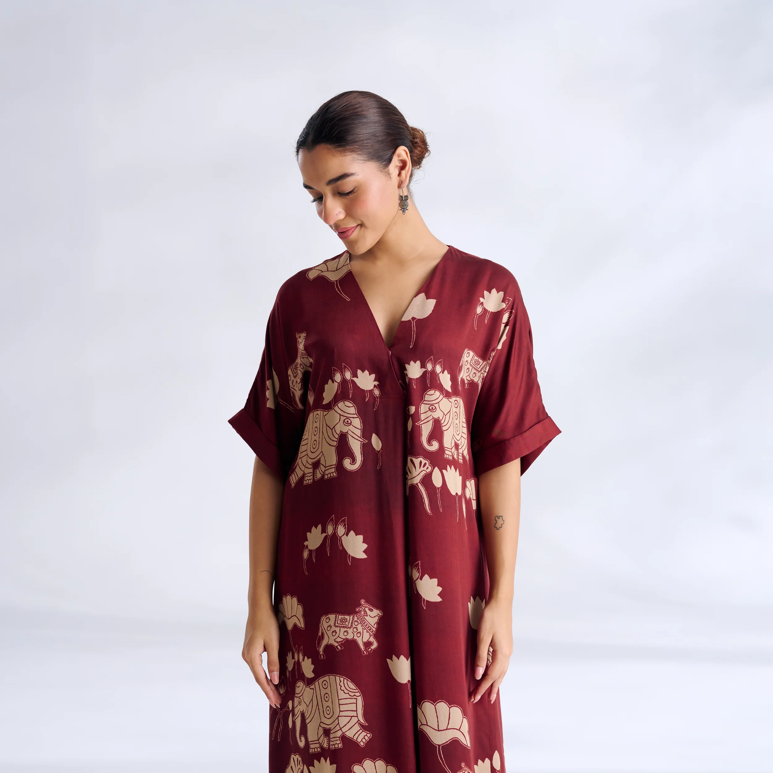 Ele Fun Modal Satin Dress - Maroon - Image 8