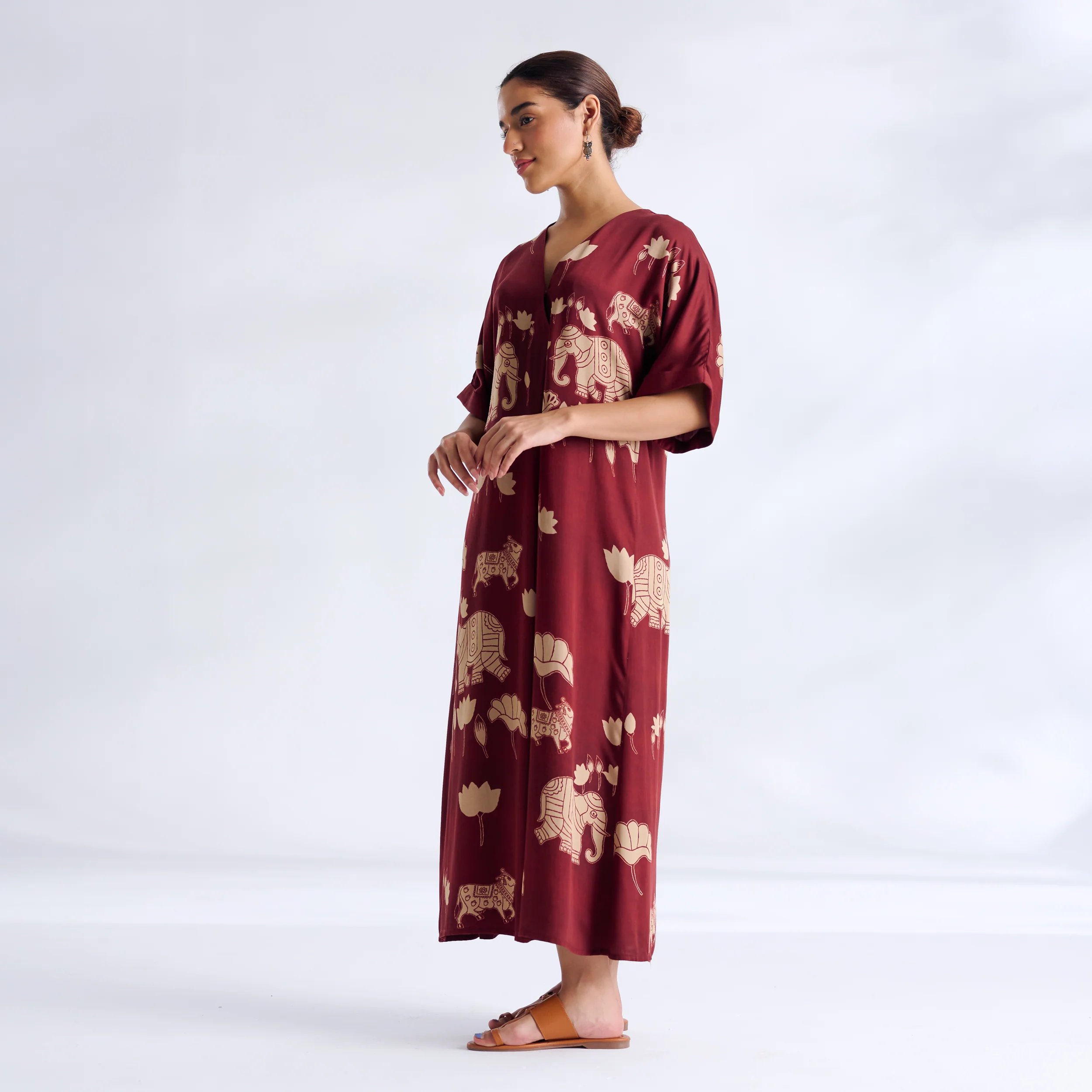 Ele Fun Modal Satin Dress - Maroon - Image 9