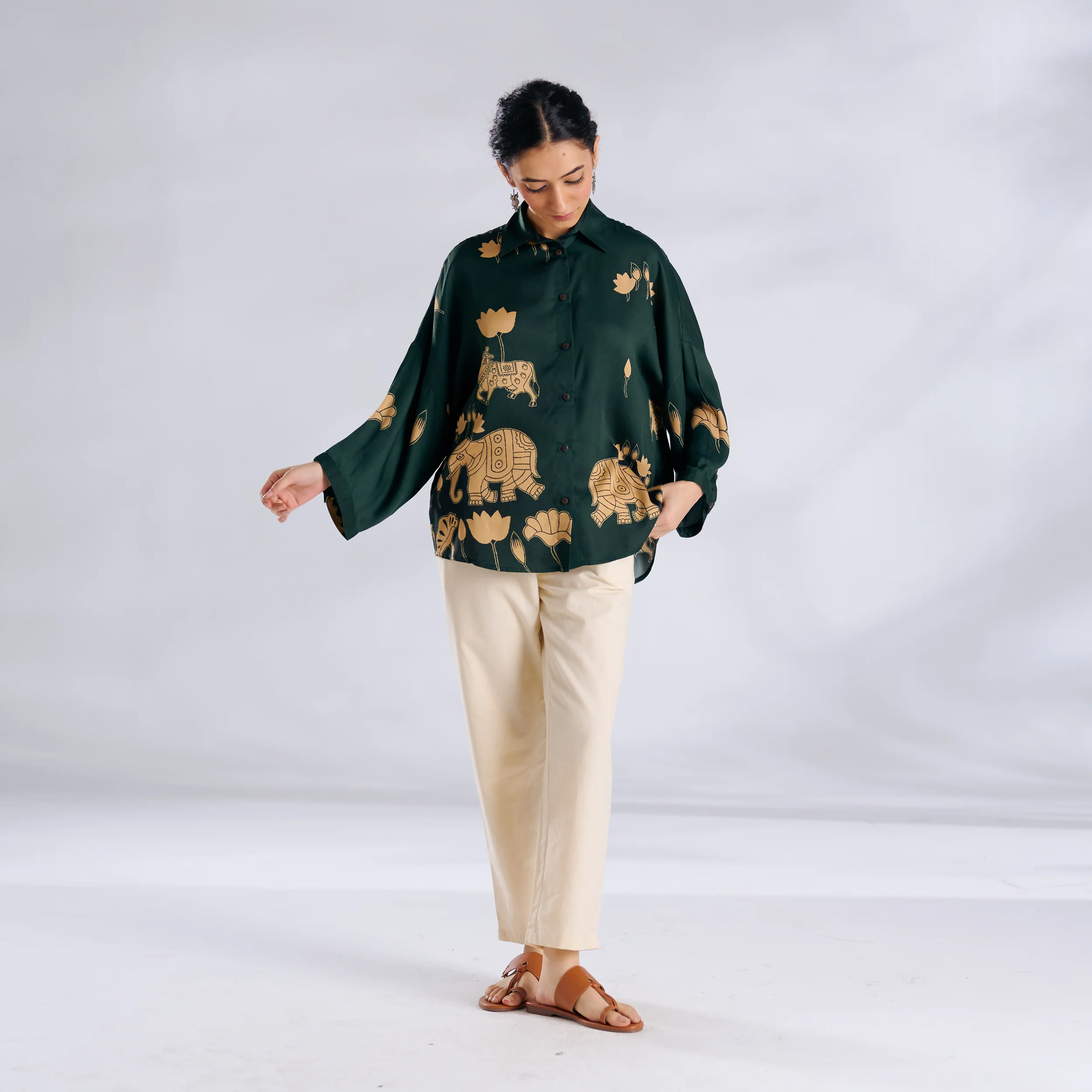 Ele Fun Oversized Modal Satin Shirt - Green - Image 4