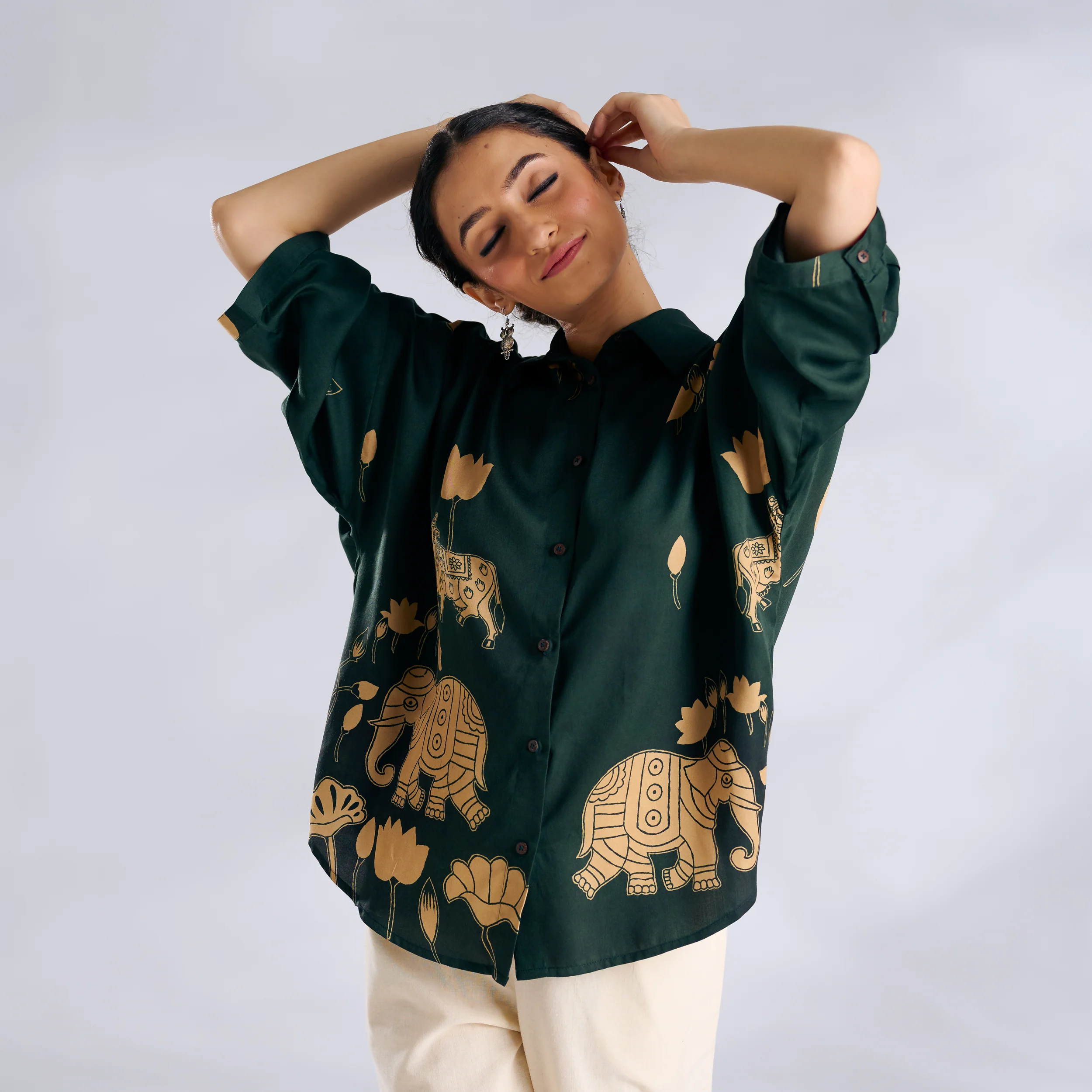 Ele Fun Oversized Modal Satin Shirt - Green - Image 5