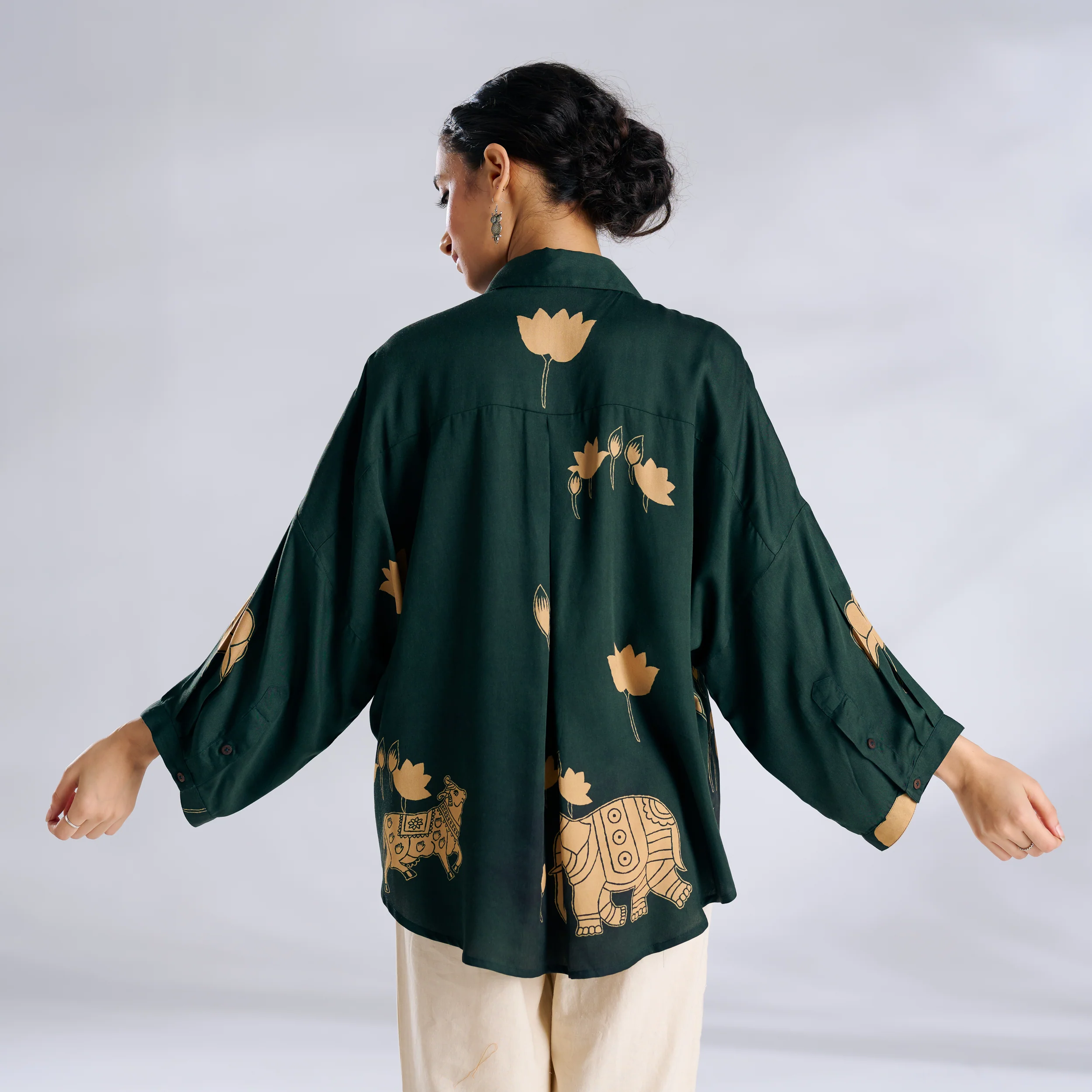 Ele Fun Oversized Modal Satin Shirt - Green - Image 6