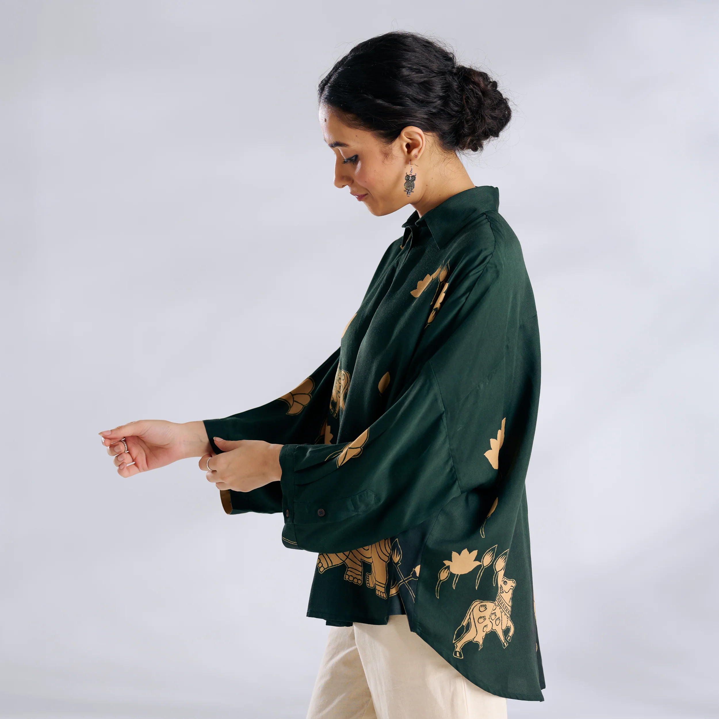 Ele Fun Oversized Modal Satin Shirt - Green - Image 7