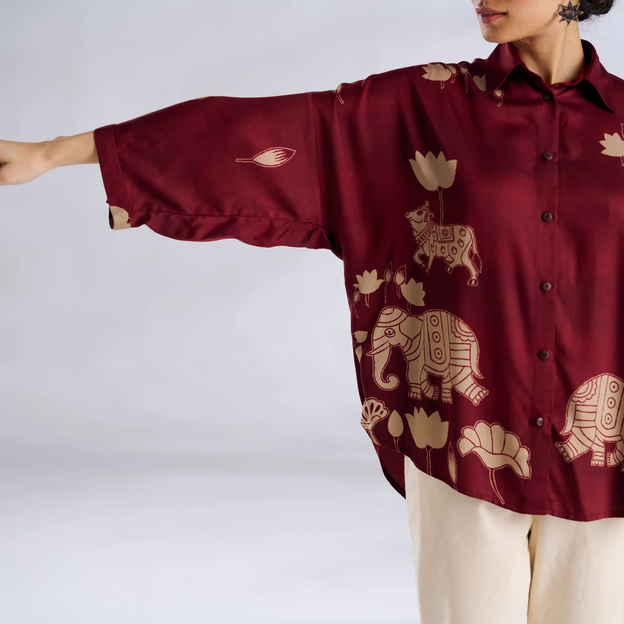 Ele Fun Oversized Modal Satin Shirt - Maroon - Image 2