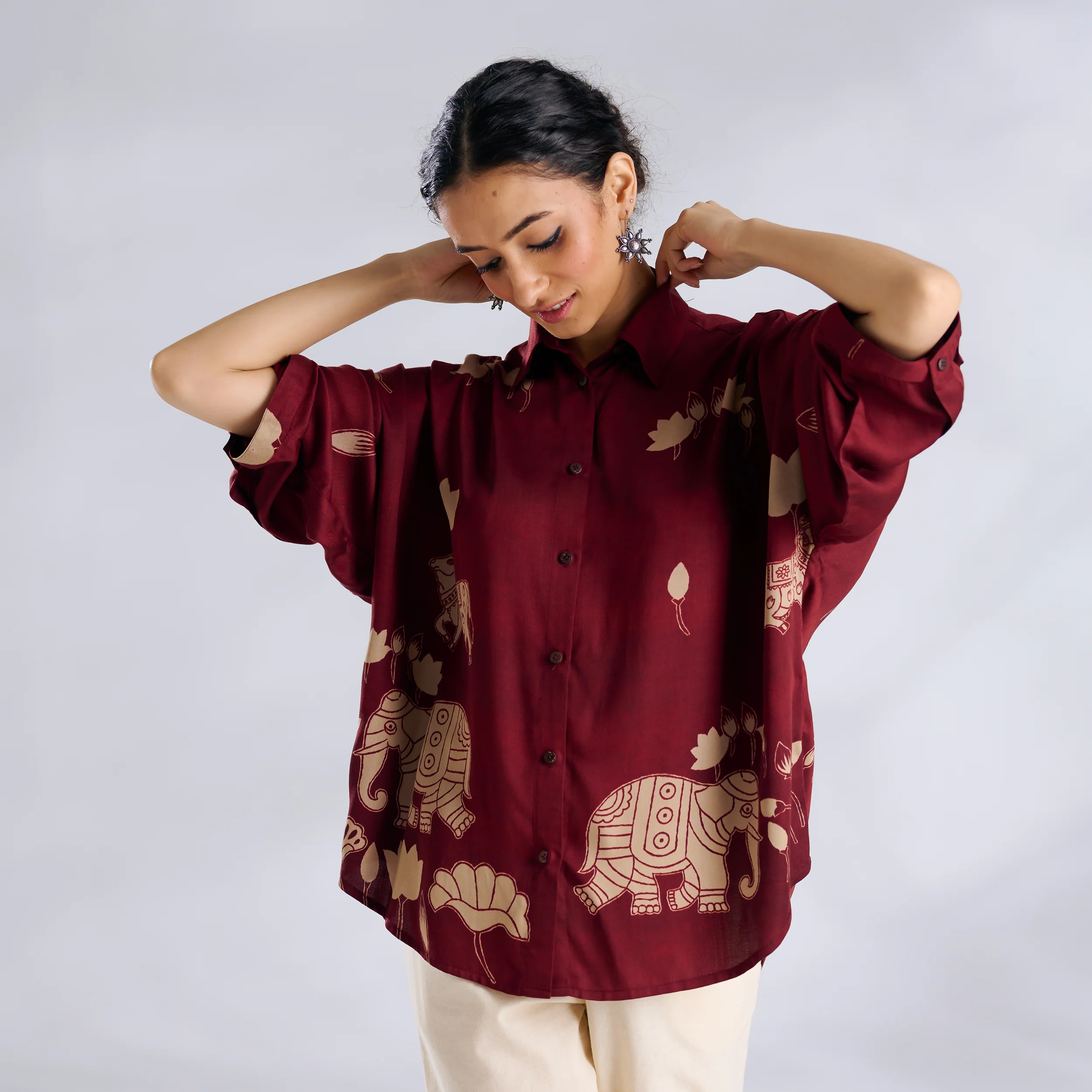 Ele Fun Oversized Modal Satin Shirt - Maroon - Image 3