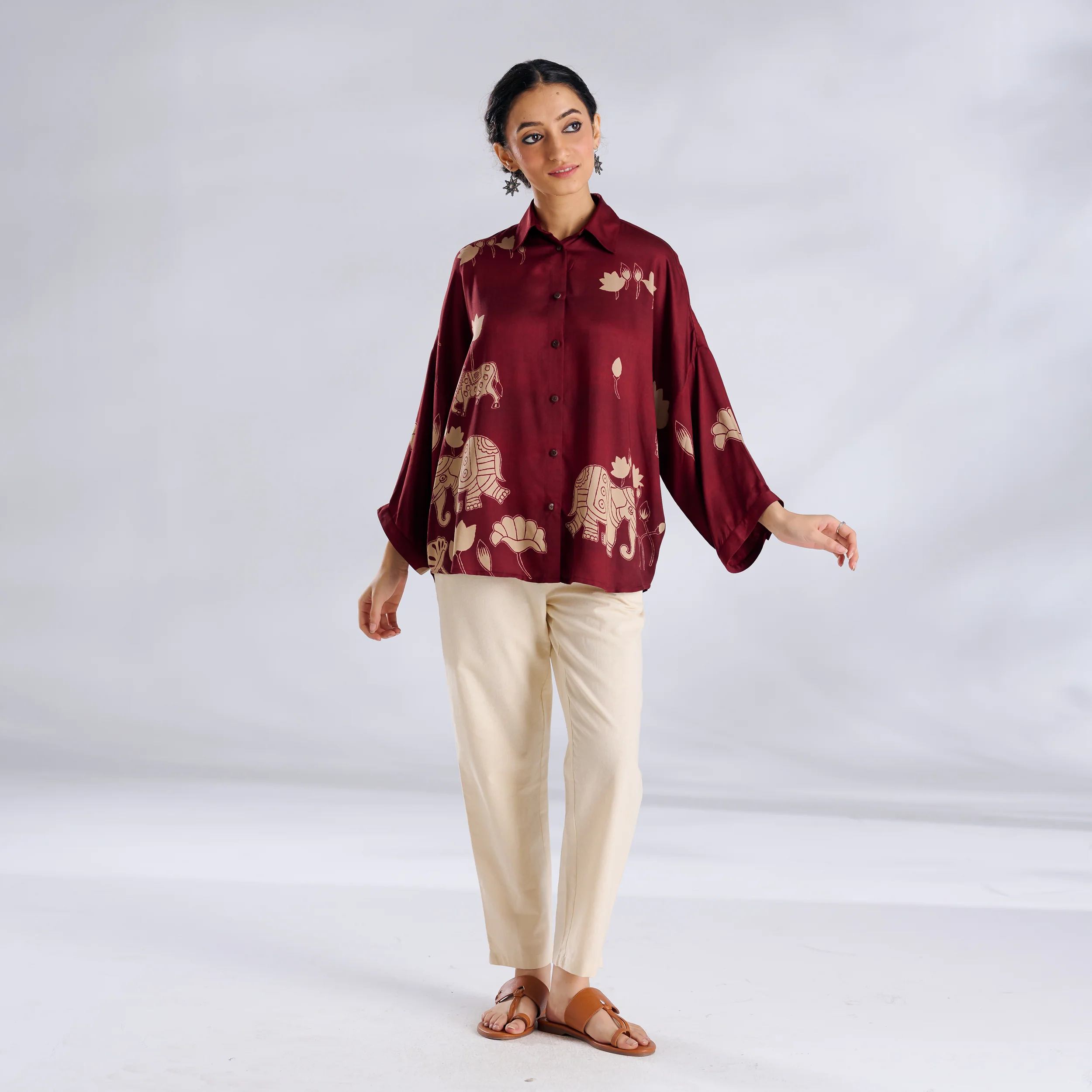Ele Fun Oversized Modal Satin Shirt - Maroon - Image 4