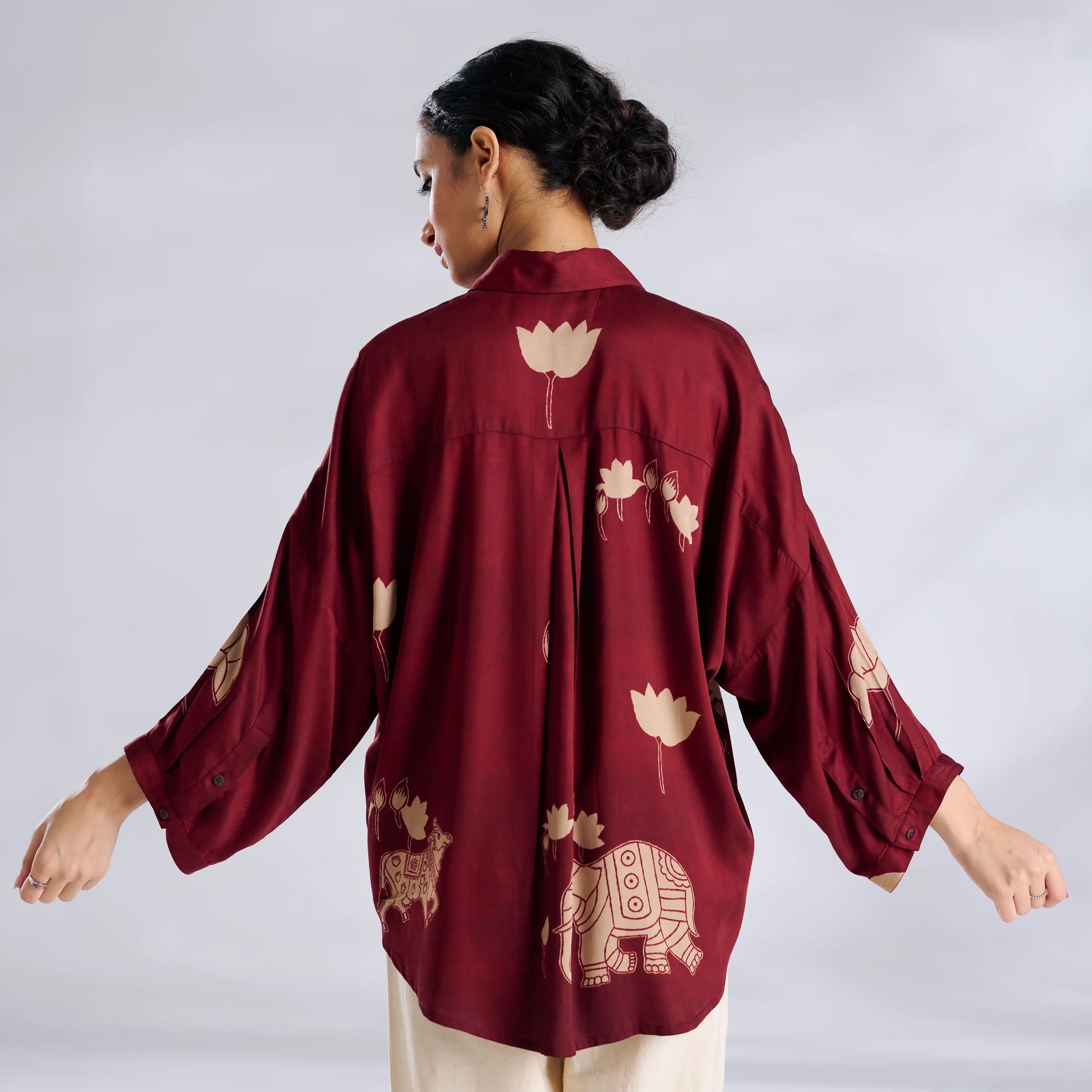 Ele Fun Oversized Modal Satin Shirt - Maroon - Image 5