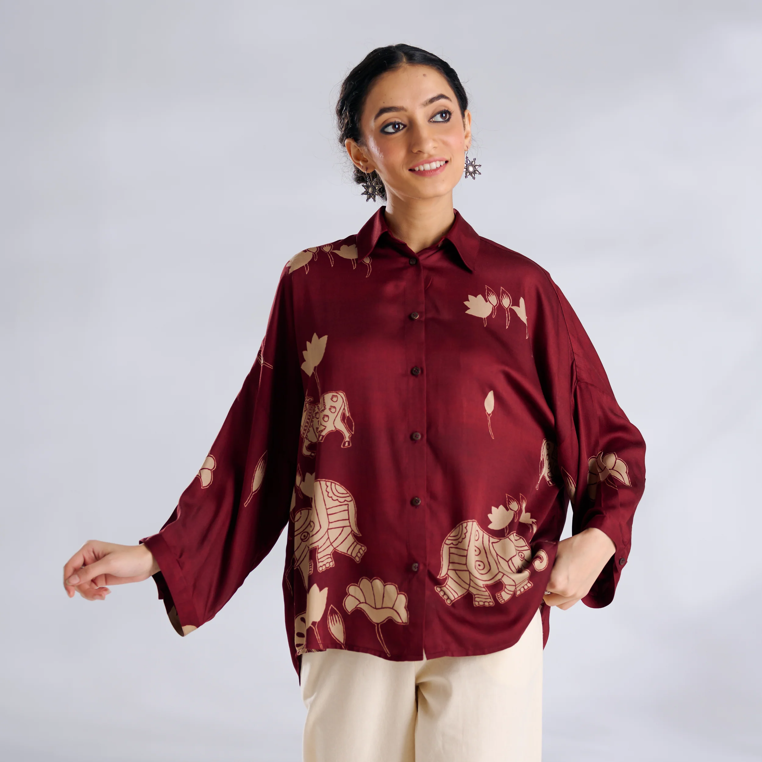 Ele Fun Oversized Modal Satin Shirt - Maroon - Image 6