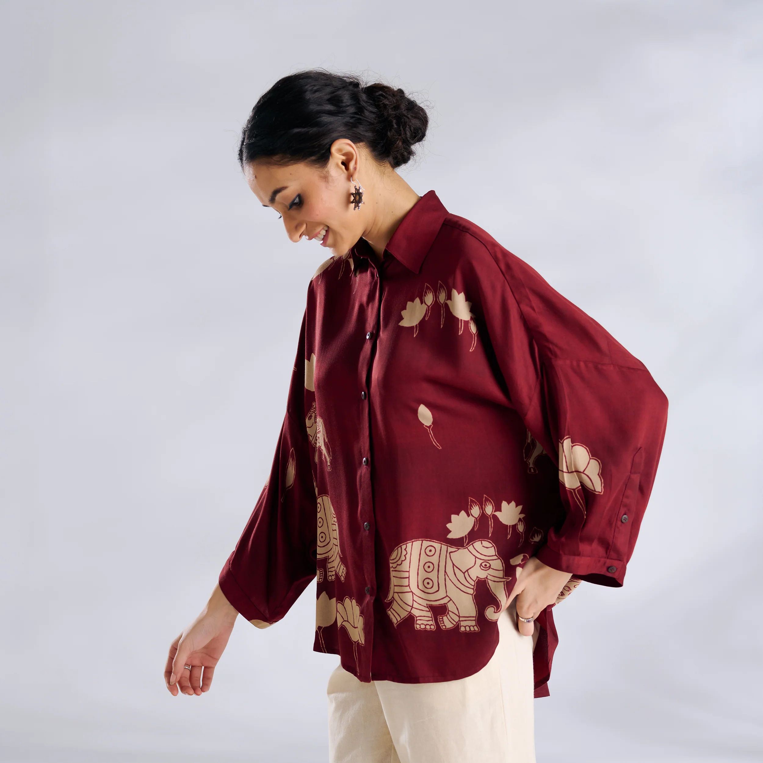 Ele Fun Oversized Modal Satin Shirt - Maroon - Image 7