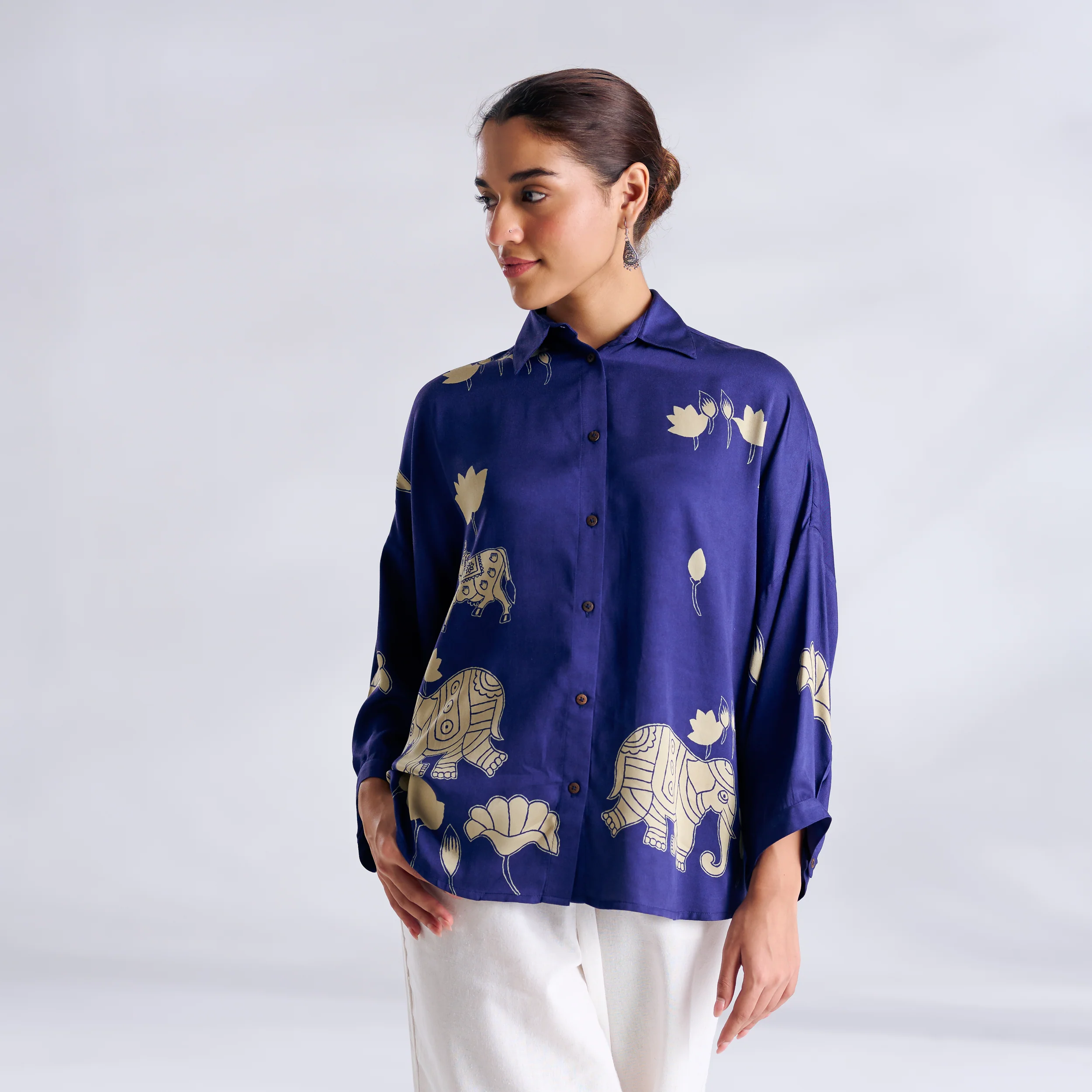 Ele Fun Oversized Modal Satin Shirt - Royal Blue - Image 2