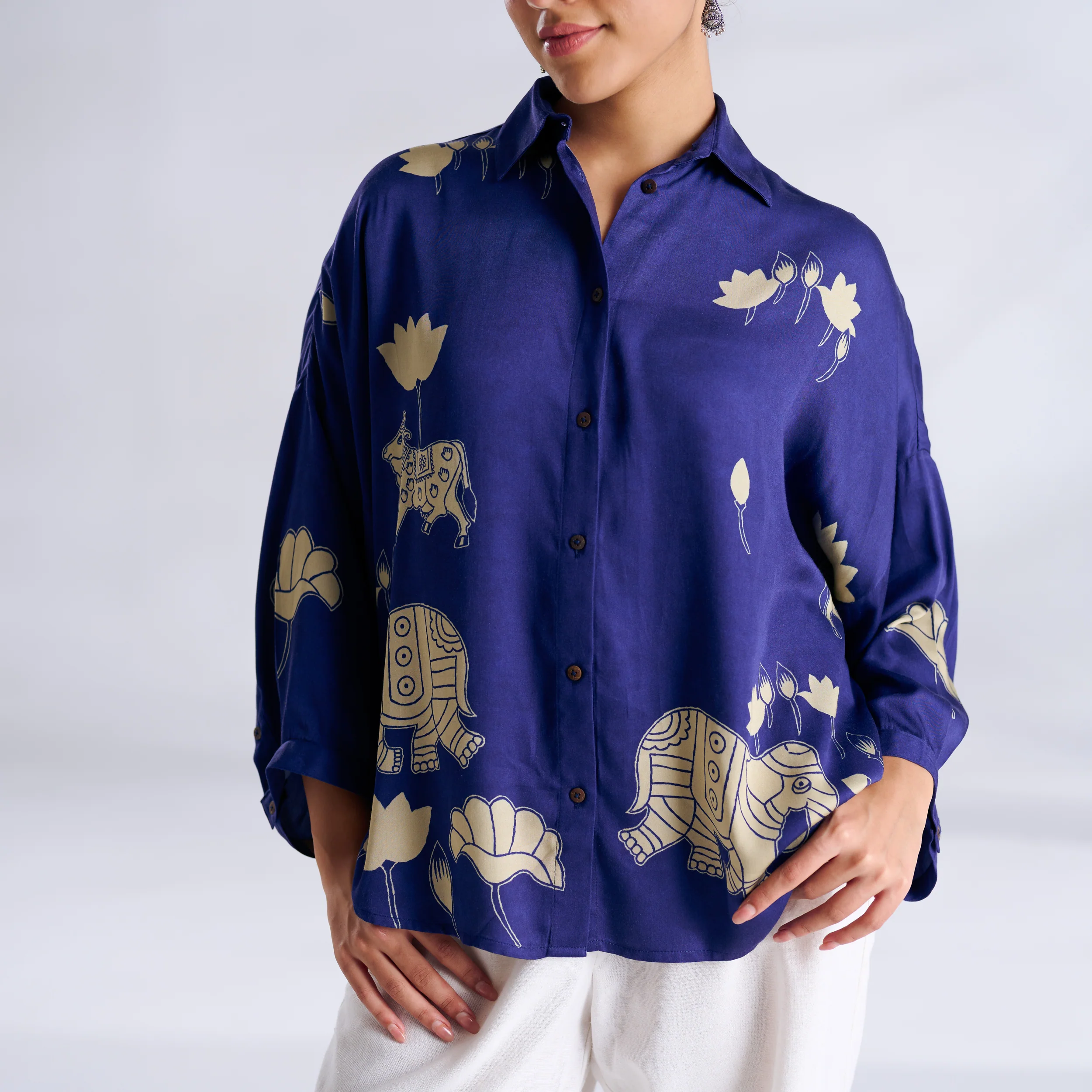 Ele Fun Oversized Modal Satin Shirt - Royal Blue - Image 3