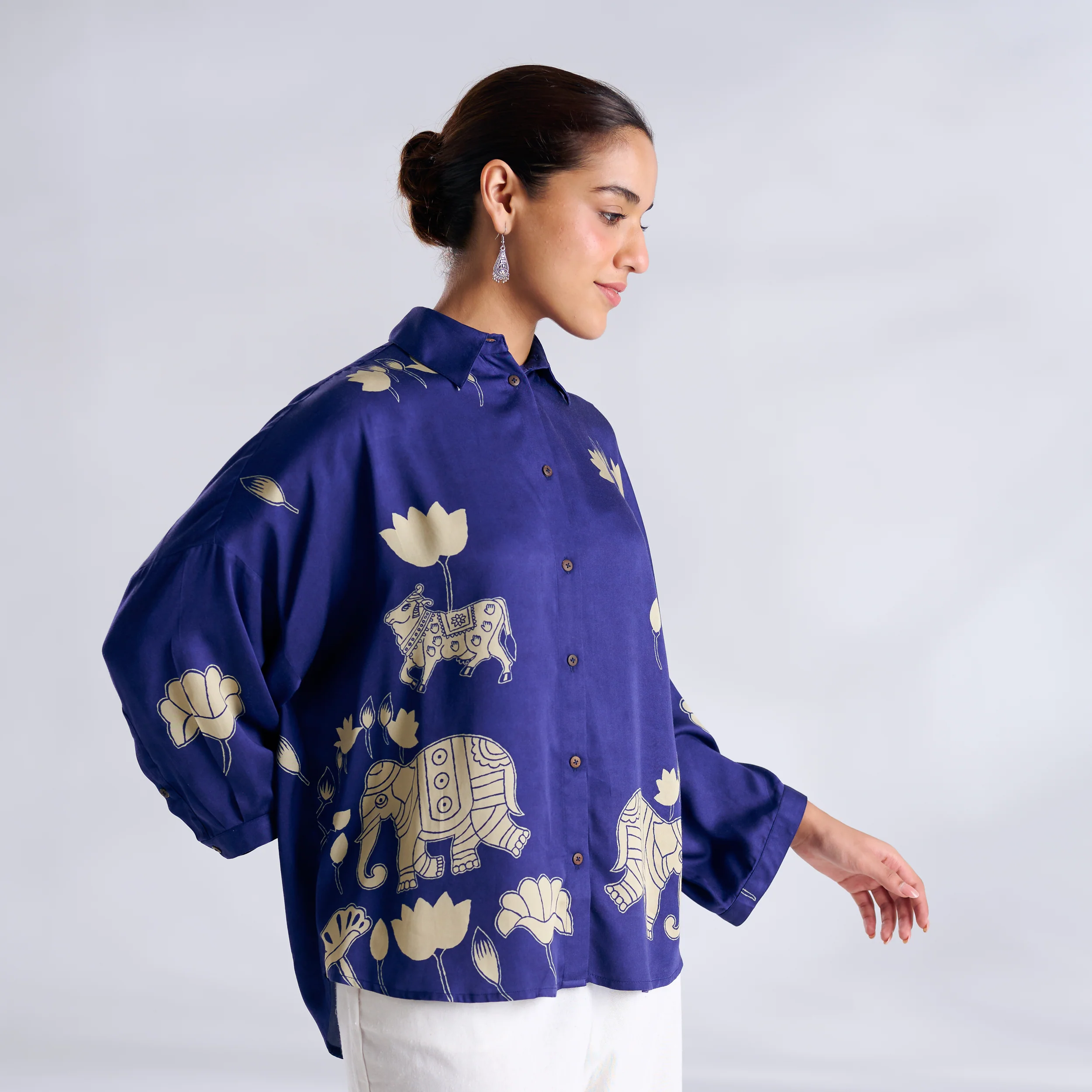 Ele Fun Oversized Modal Satin Shirt - Royal Blue - Image 6