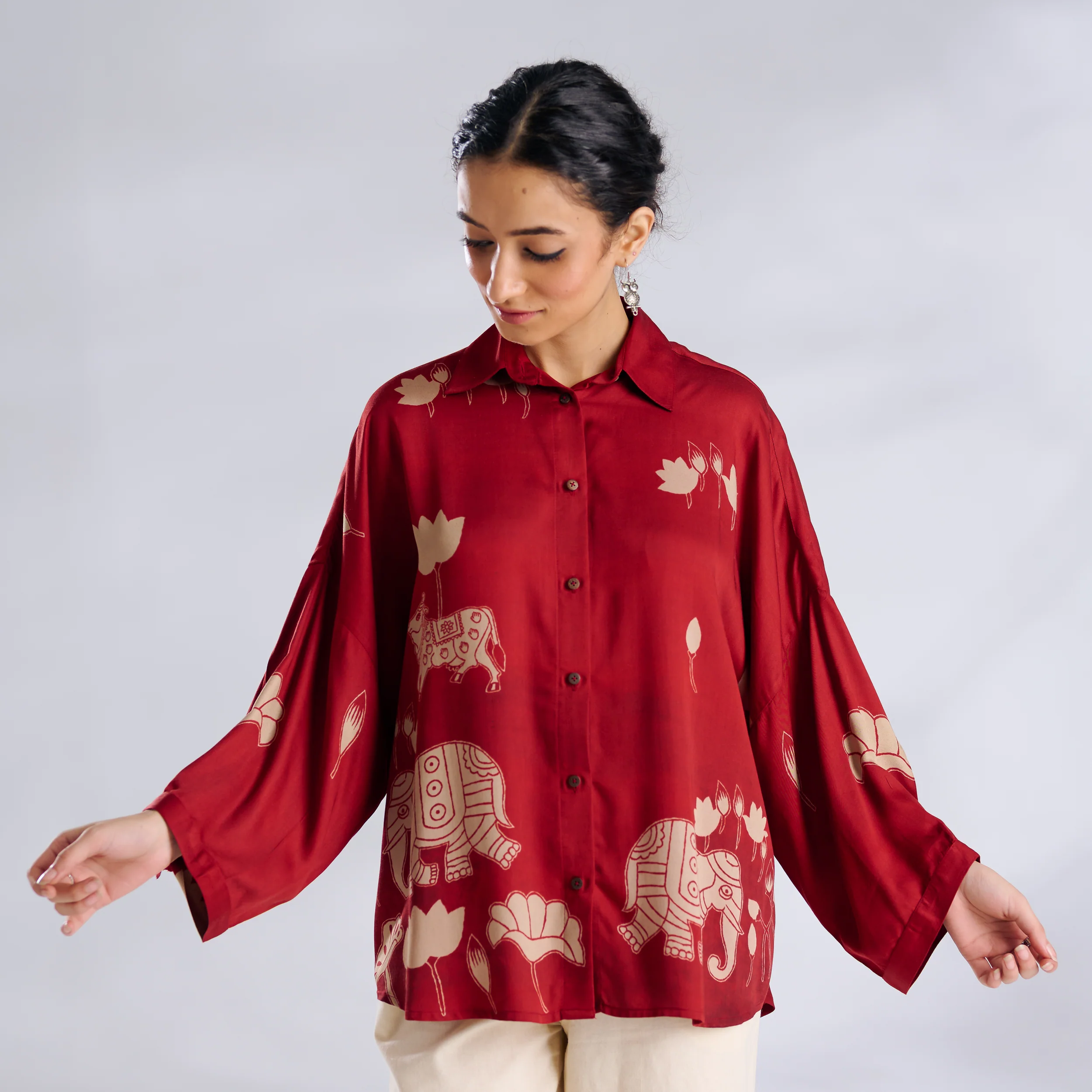 Ele Fun Oversized Modal Satin Shirt - Rust