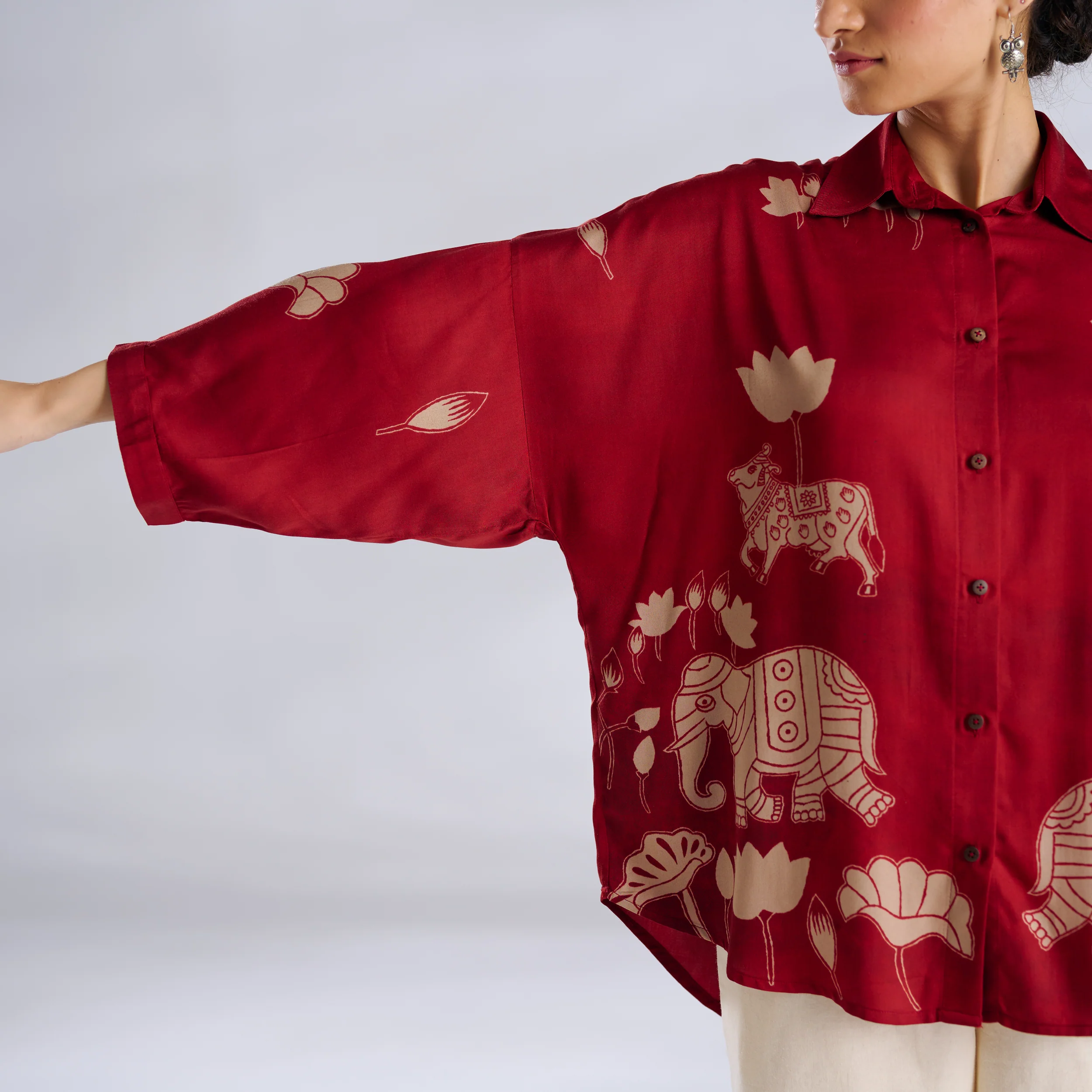 Ele Fun Oversized Modal Satin Shirt - Rust - Image 2