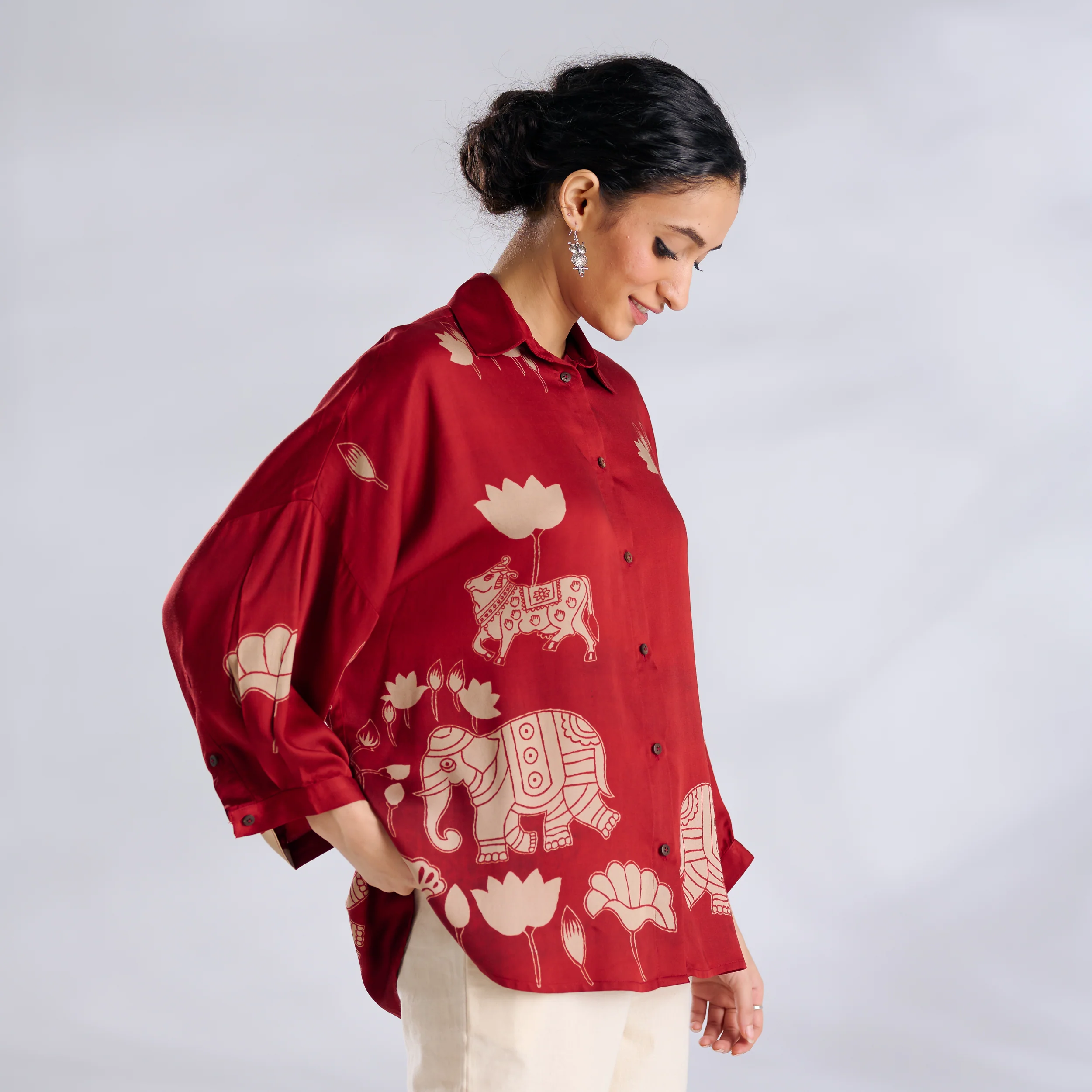 Ele Fun Oversized Modal Satin Shirt - Rust - Image 3