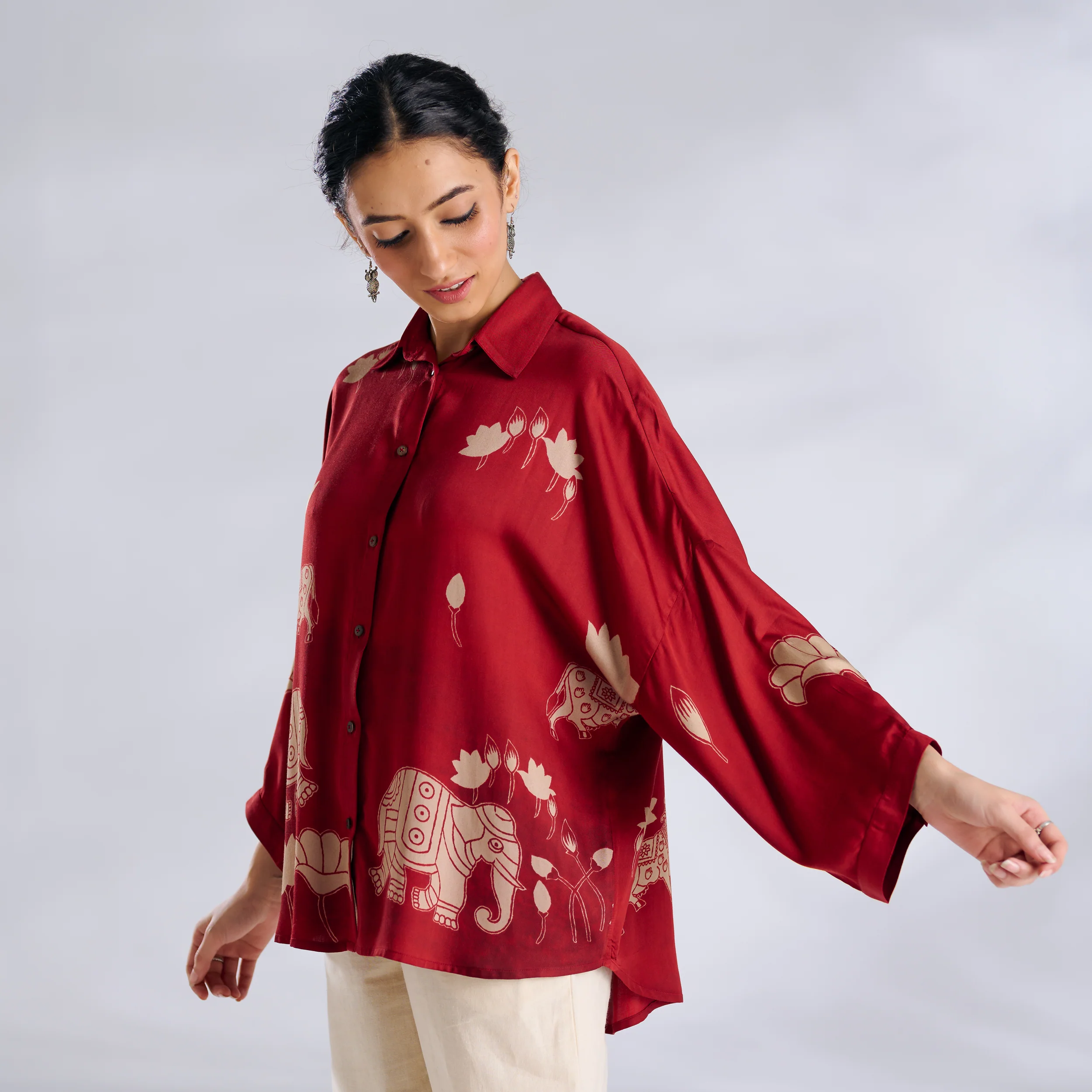 Ele Fun Oversized Modal Satin Shirt - Rust - Image 4