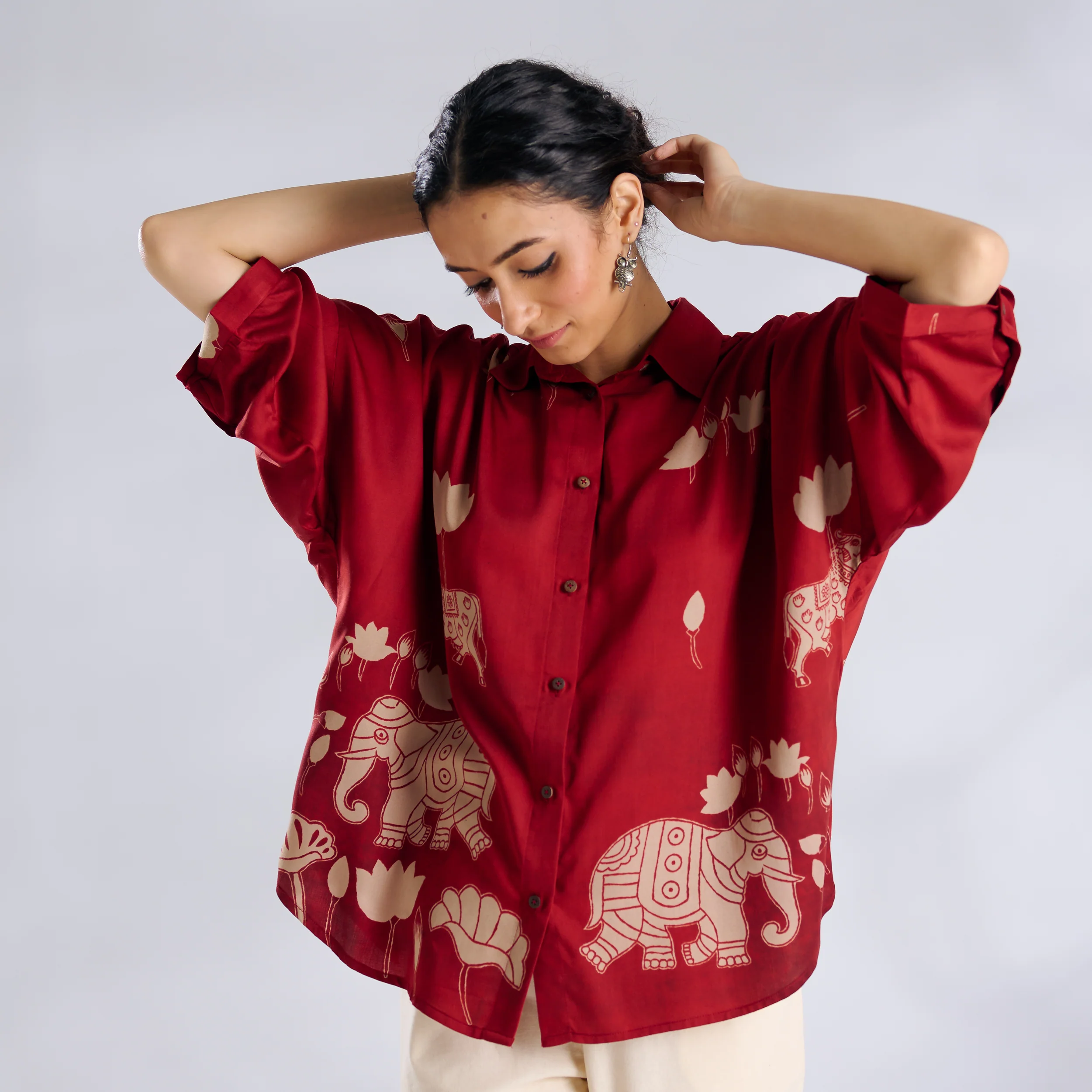 Ele Fun Oversized Modal Satin Shirt - Rust - Image 5