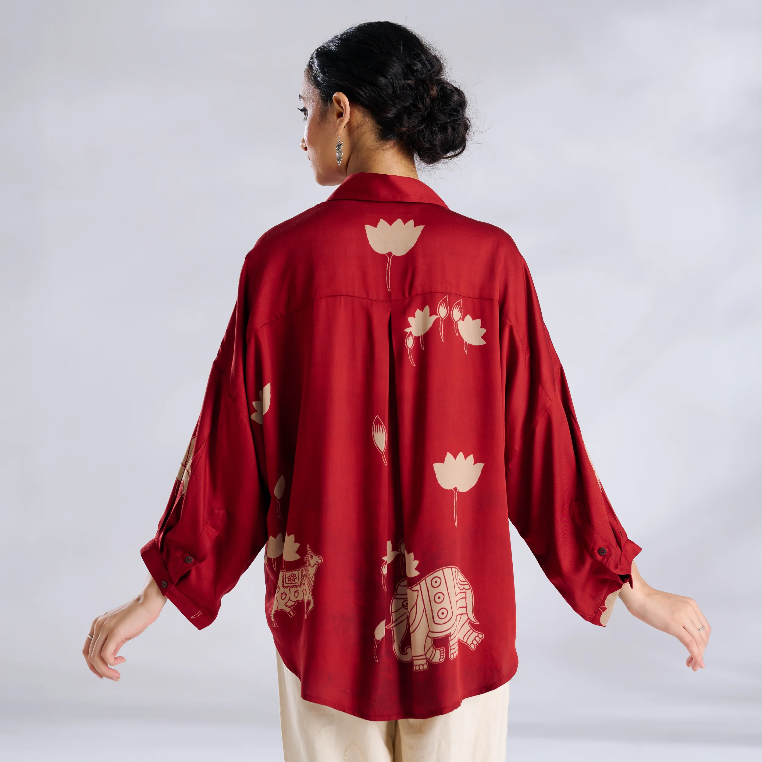 Ele Fun Oversized Modal Satin Shirt - Rust - Image 6