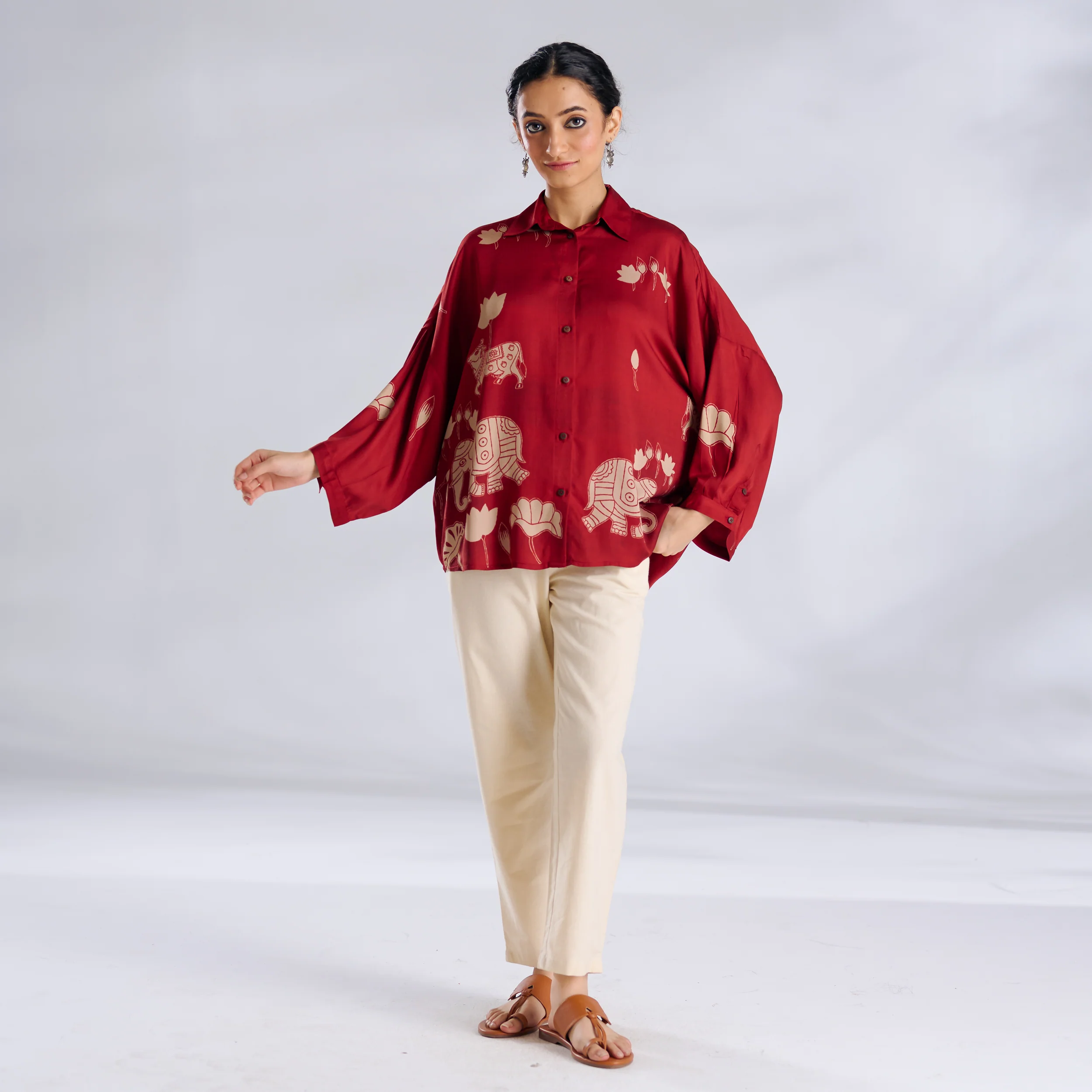 Ele Fun Oversized Modal Satin Shirt - Rust - Image 7