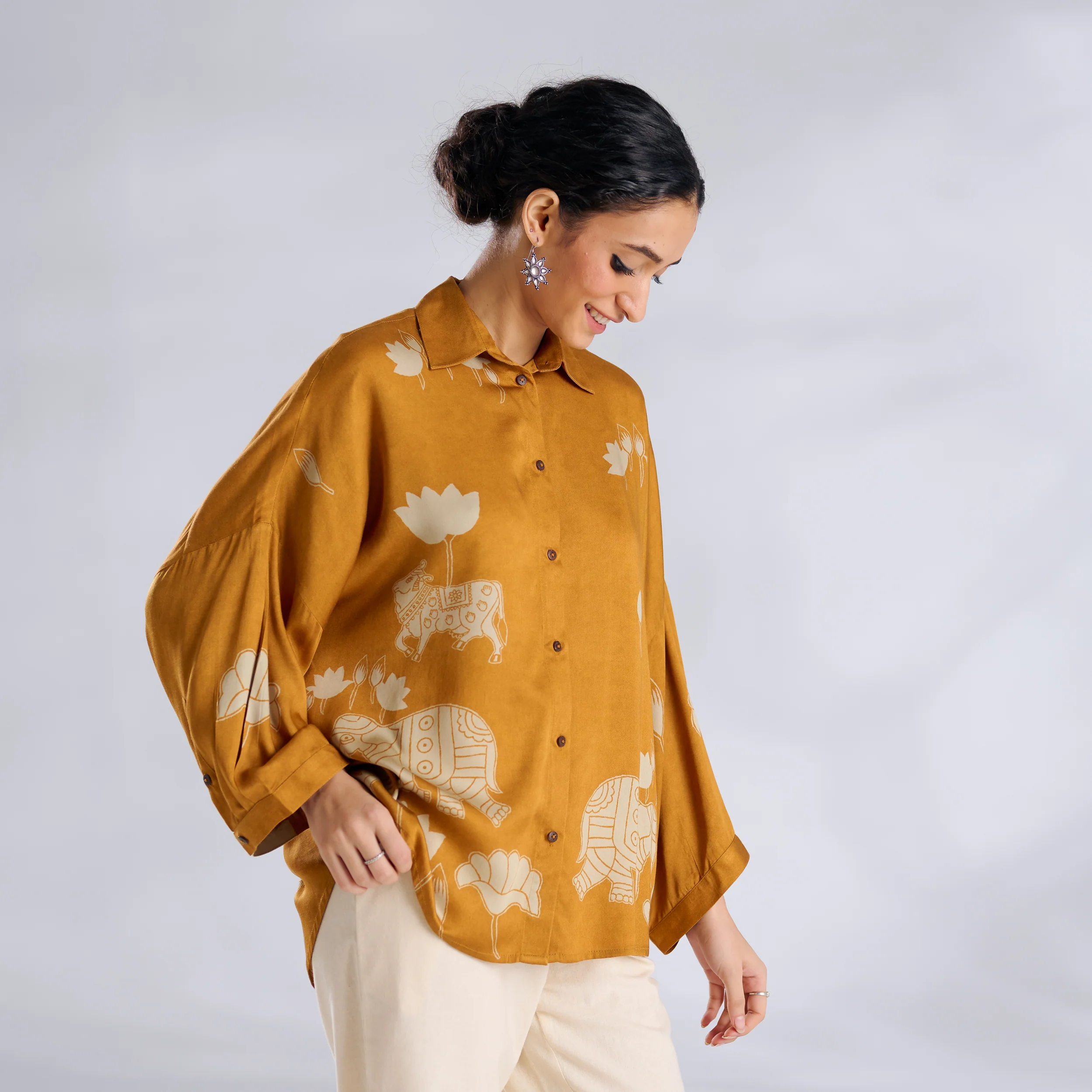 Ele Fun Oversized Modal Satin Shirt - Yellow - Image 3