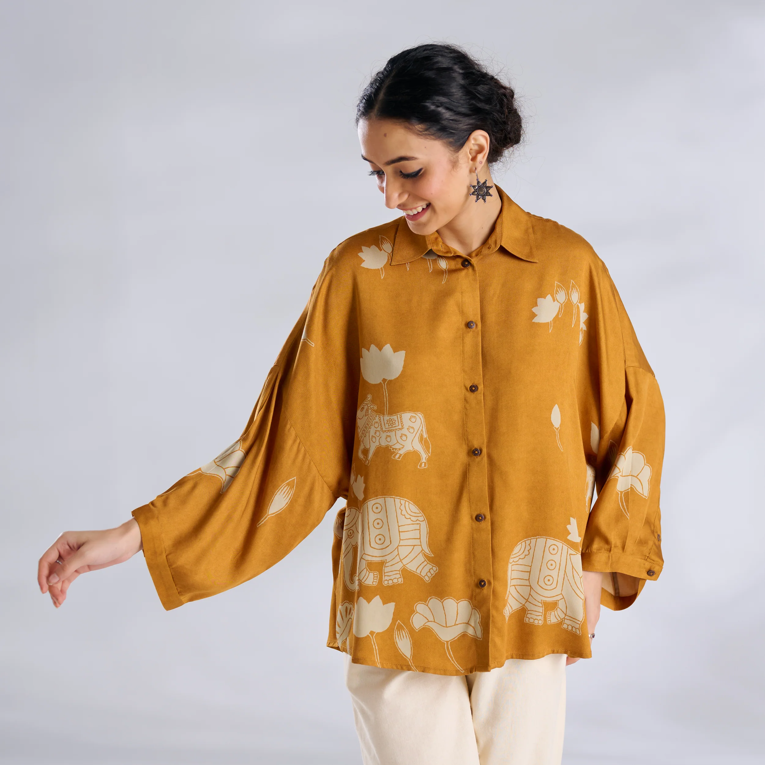 Ele Fun Oversized Modal Satin Shirt - Yellow - Image 4