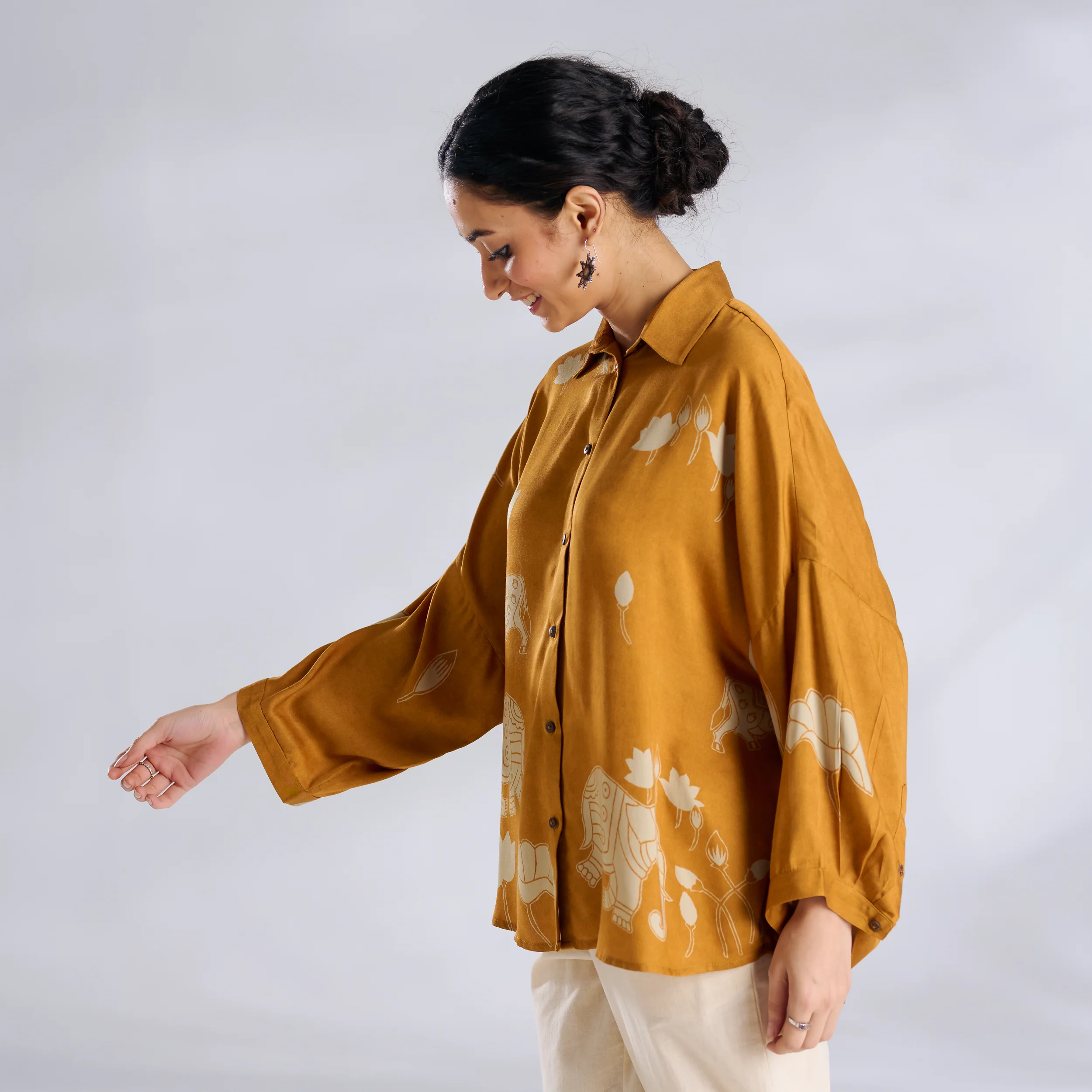 Ele Fun Oversized Modal Satin Shirt - Yellow - Image 6