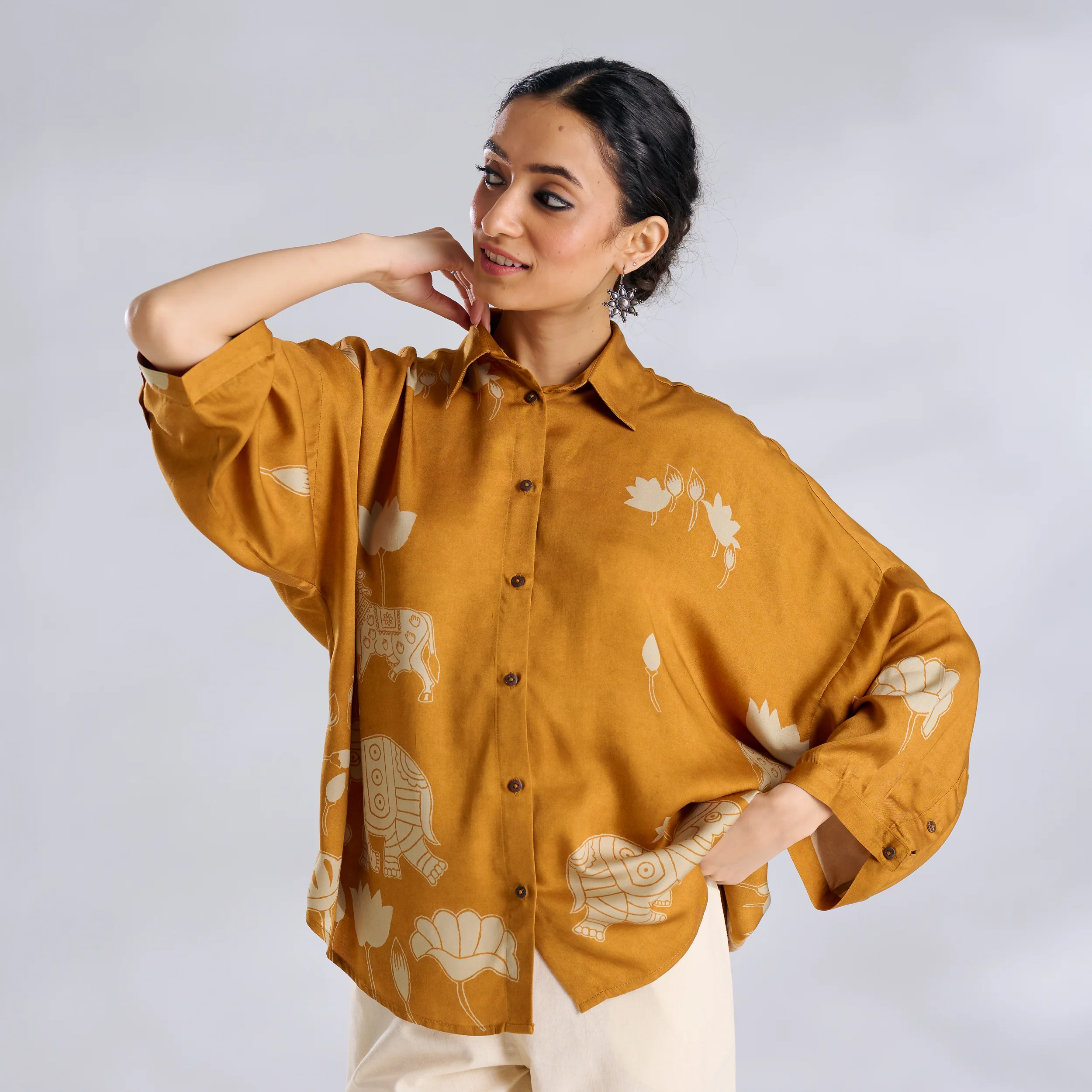 Ele Fun Oversized Modal Satin Shirt - Yellow - Image 7