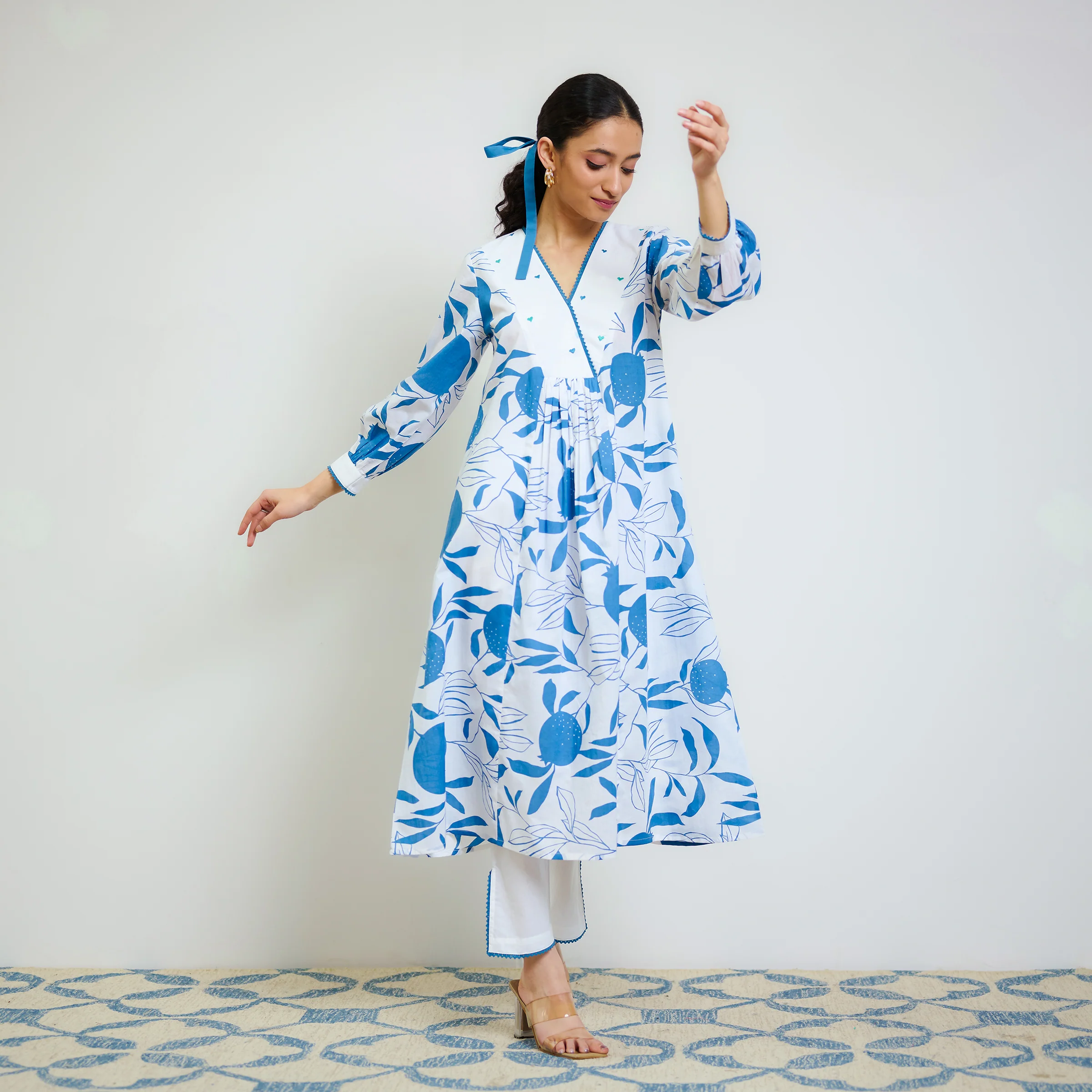 Electric Blue Love is in the Air Cotton Kurta Set with Hand Embroidery Detail - Image 5