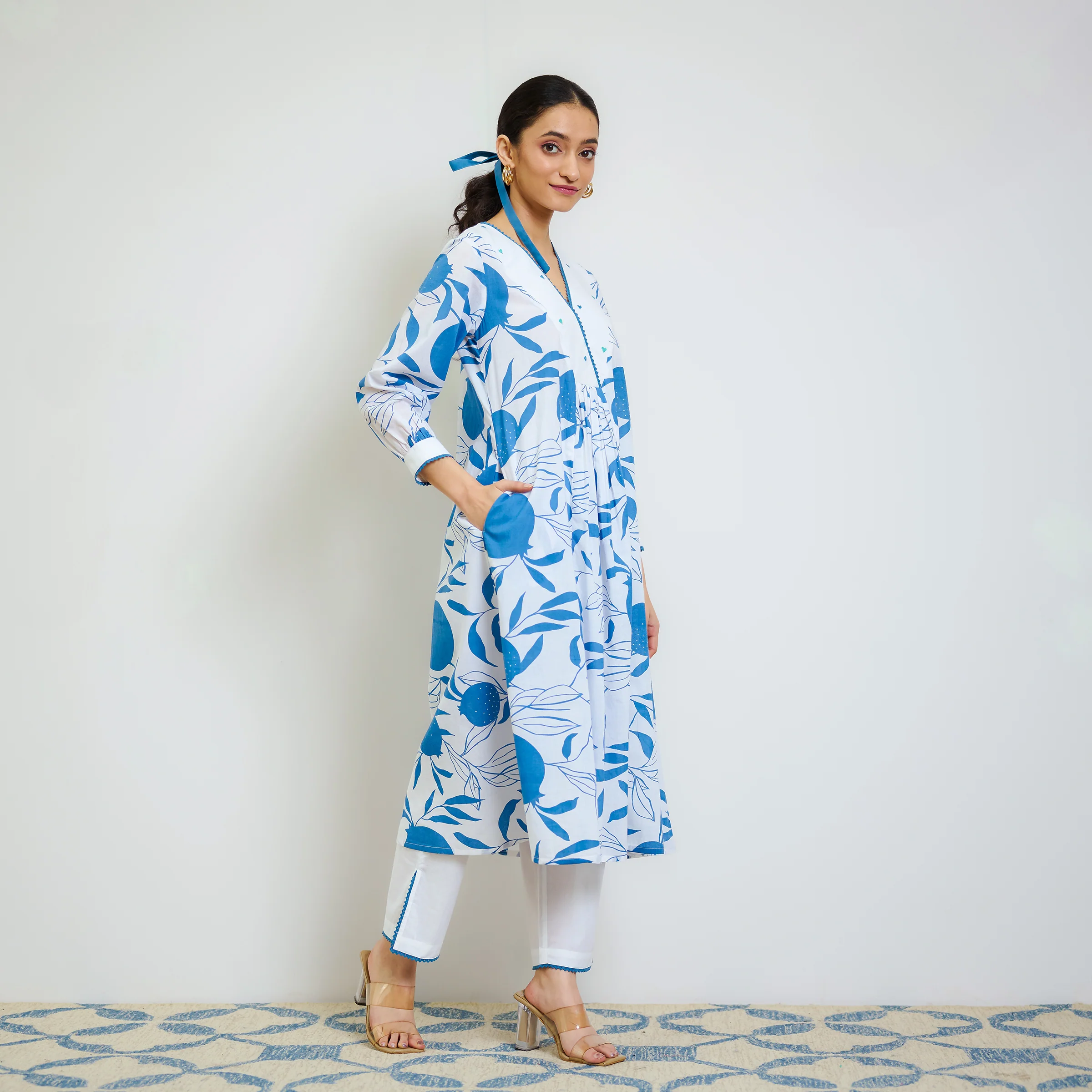 Electric Blue Love is in the Air Cotton Kurta Set with Hand Embroidery Detail - Image 6