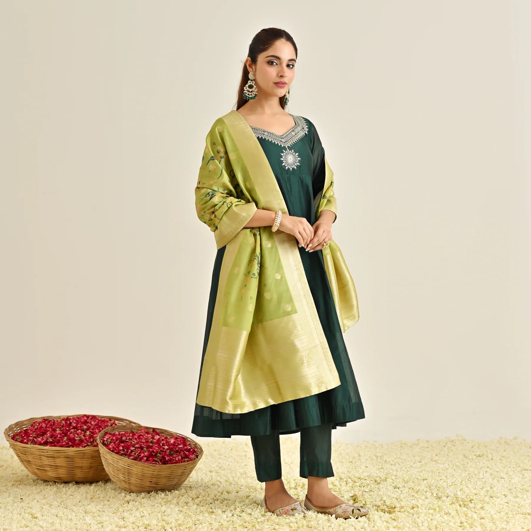 Emerald Green Festive Anarkali Set with Brocade Dupatta - Image 10