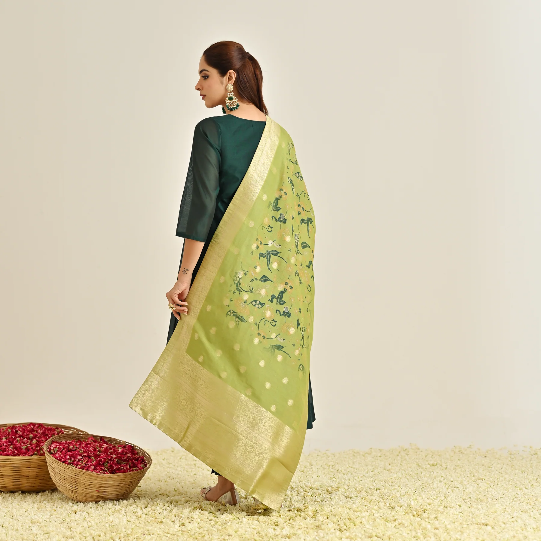 Emerald Green Festive Anarkali Set with Brocade Dupatta - Image 2
