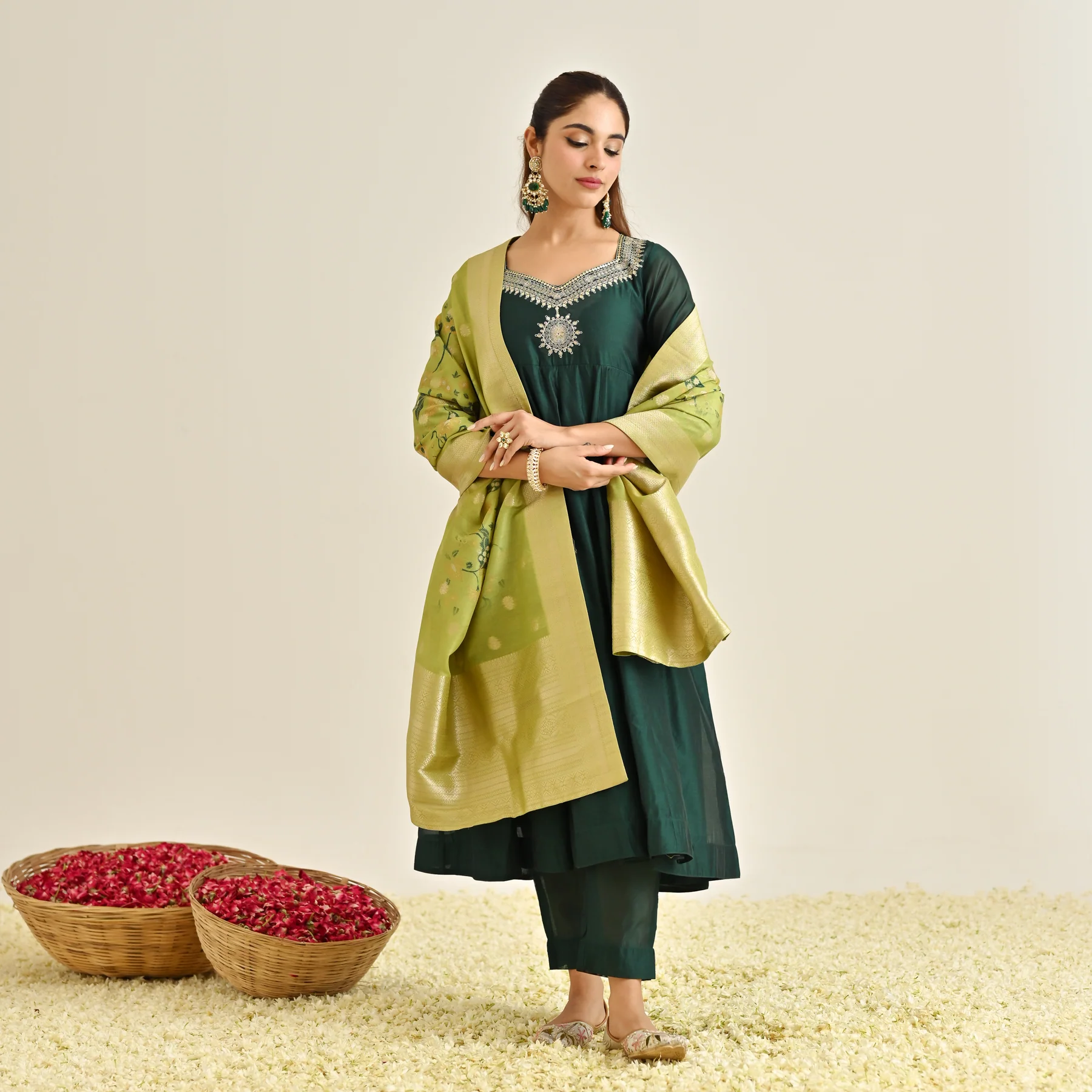 Emerald Green Festive Anarkali Set with Brocade Dupatta - Image 3