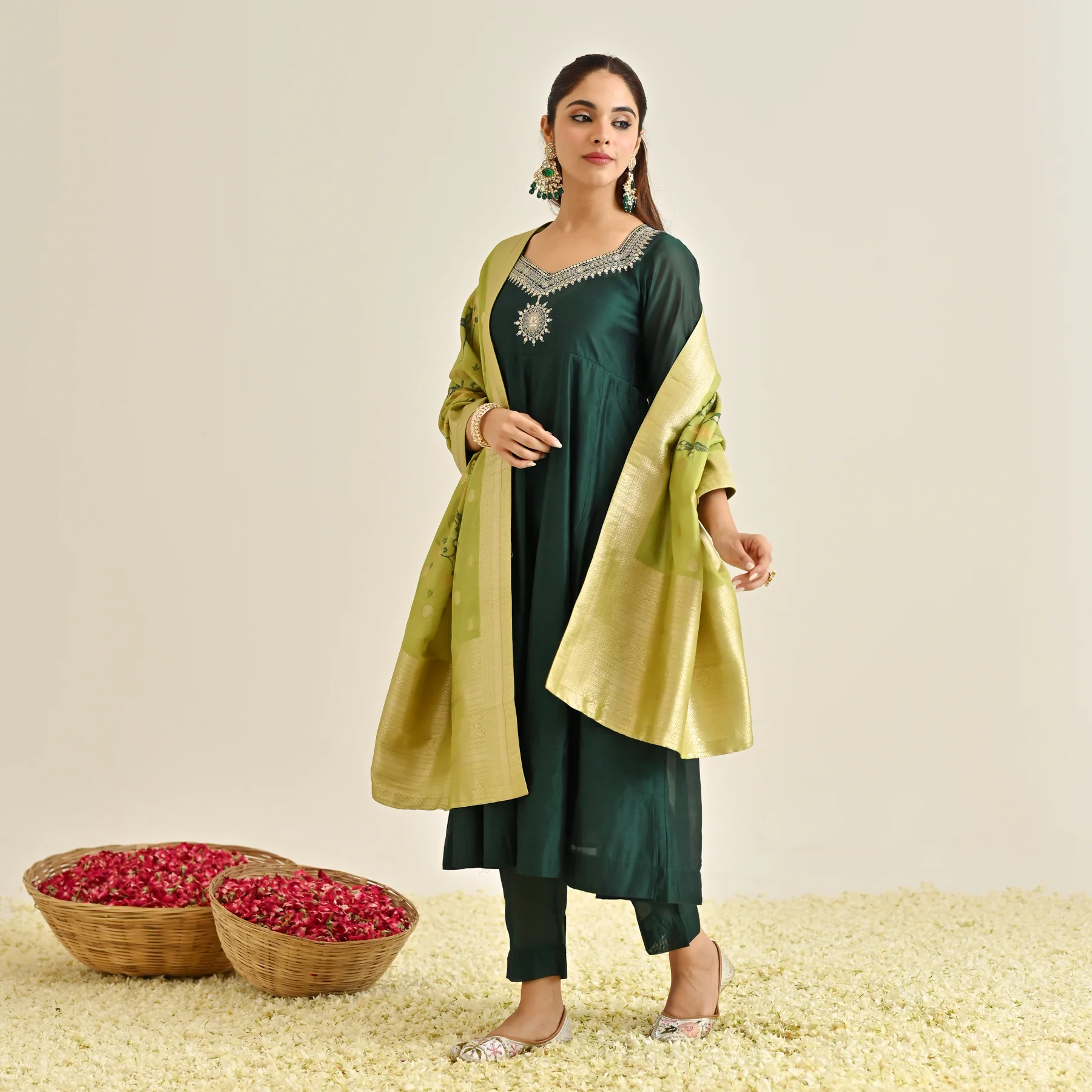 Emerald Green Festive Anarkali Set with Brocade Dupatta - Image 4